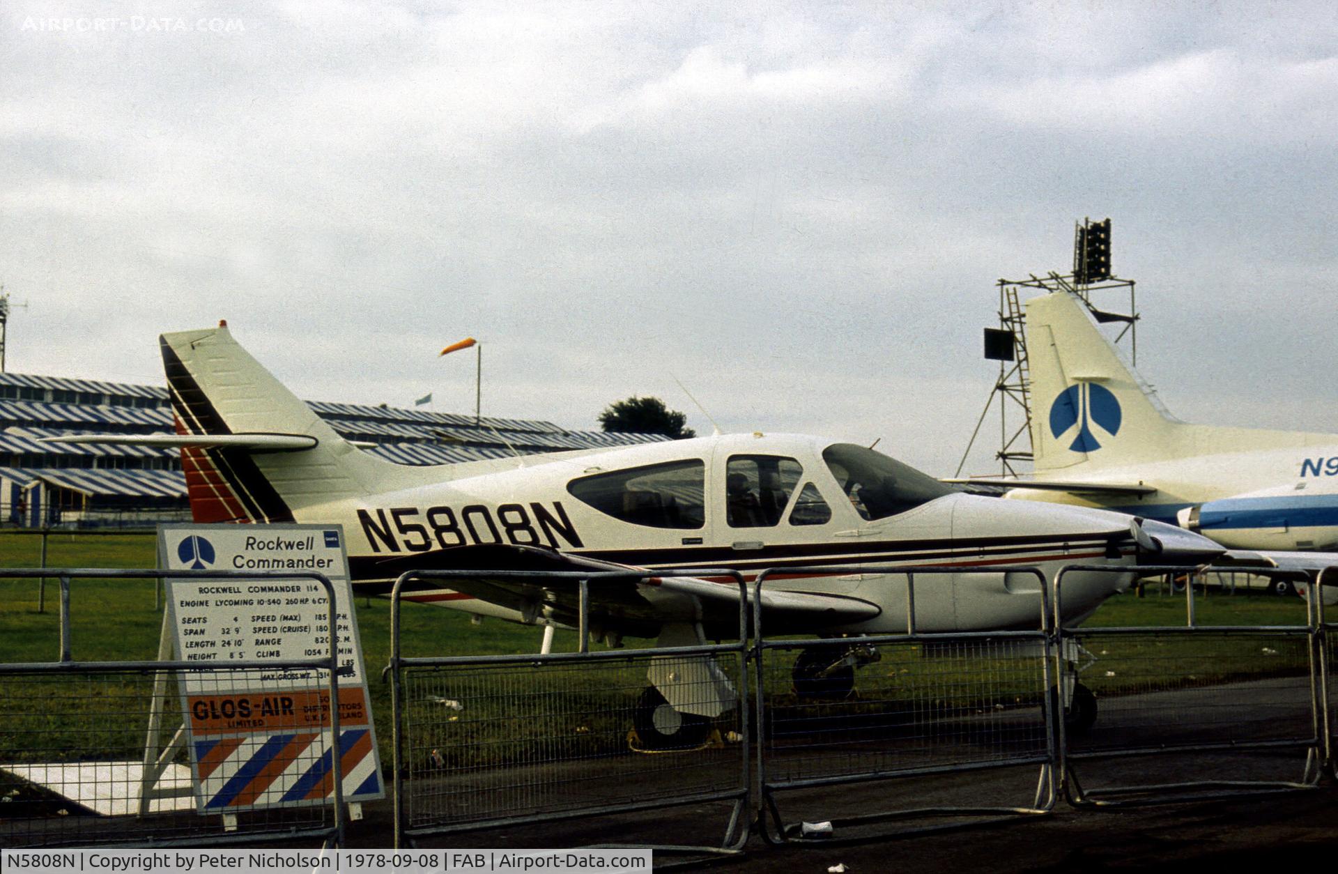 N5808N, 1978 Rockwell Commander 114 C/N 14375, Commander 114 demonstrator on display at the 1978 SBAC Farnborough Airshow.