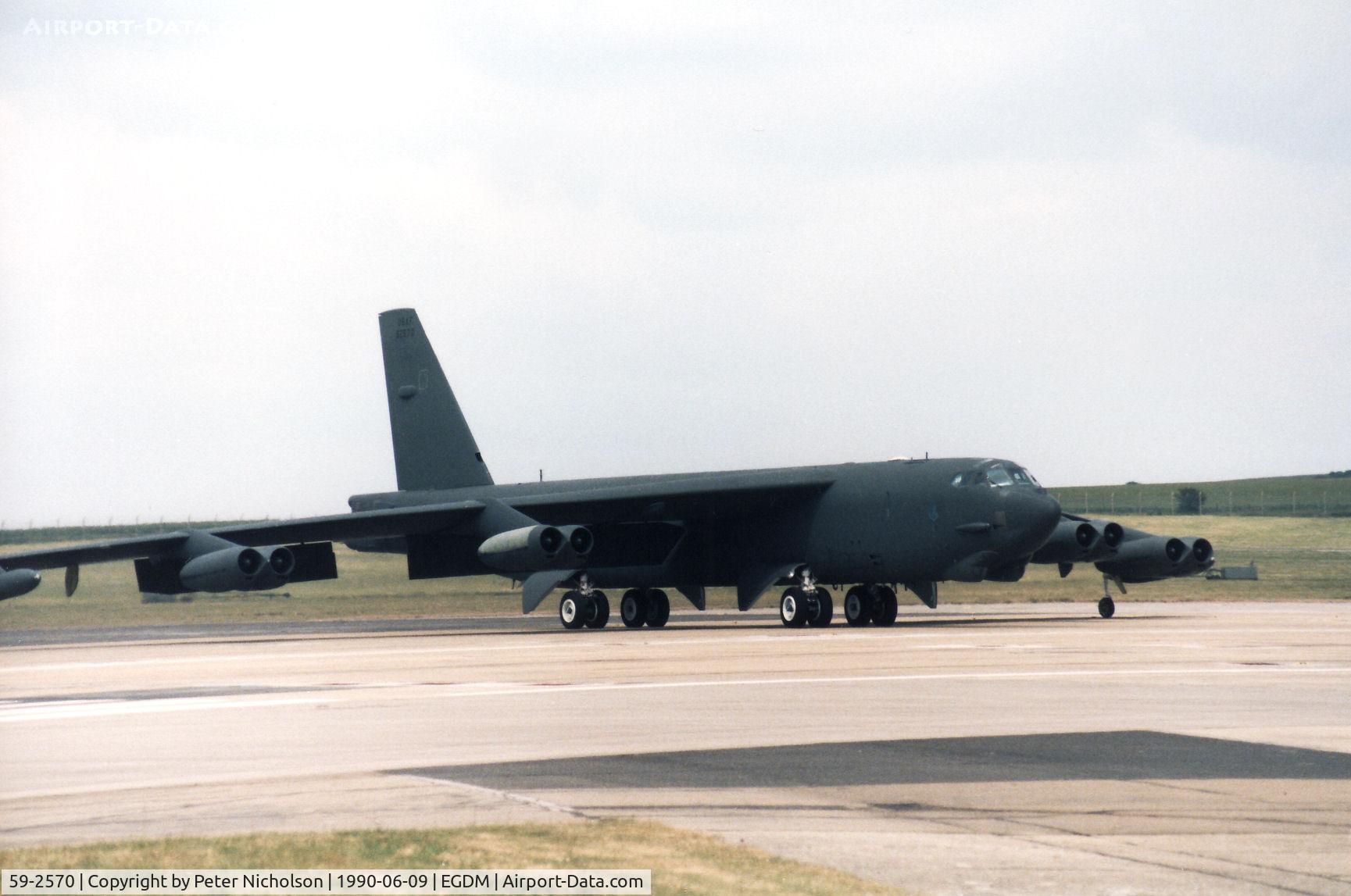 59-2570, 1959 Boeing B-52G Stratofortress C/N 464333, B-52G Stratofortress, callsign Jambo 12, of 2nd Bomb Wing at Barksdale AFB joining the active runway at the 1990 Boscombe Down Battle of Britain 50th Anniversary Airshow.