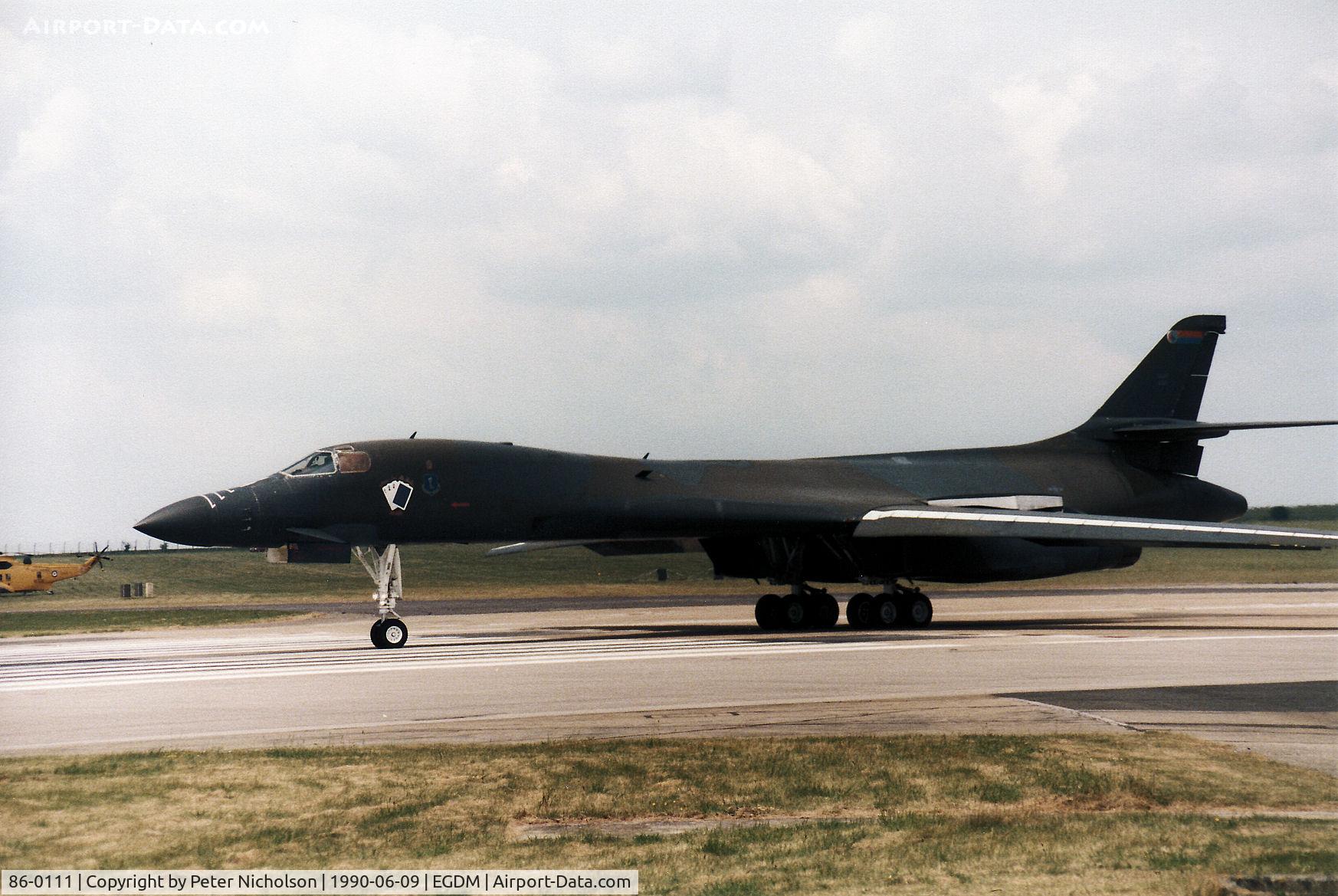 86-0111, 1986 Rockwell B-1B Lancer C/N 71, B-1B Lancer named Ace in the Hole of 319th Bomb Wing lined up for take-off at the 1990 Boscombe Down Battle of Britain 50th Anniversary Airshow.