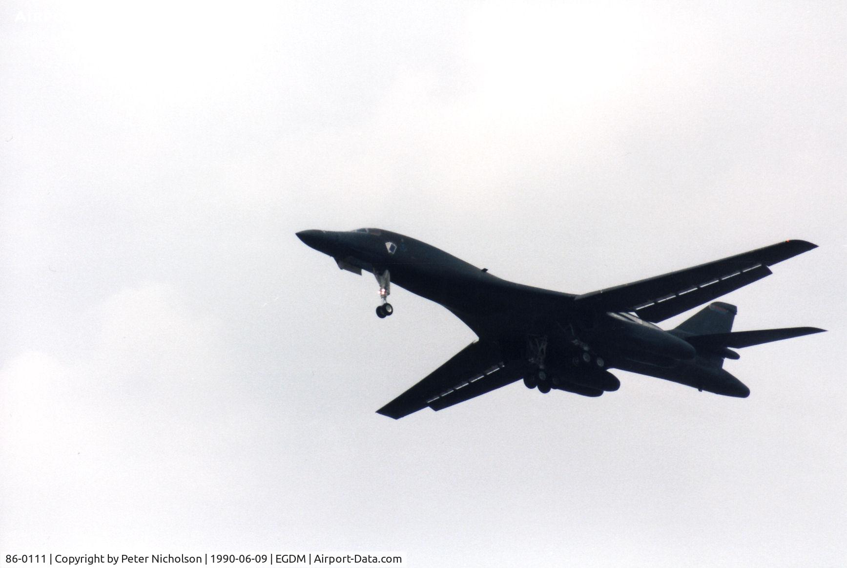 86-0111, 1986 Rockwell B-1B Lancer C/N 71, Ace in the Hole, callsign Norse 41, on a fly-past at the 1990 Boscombe Down Battle of Britain 50th Anniversary Airshow.