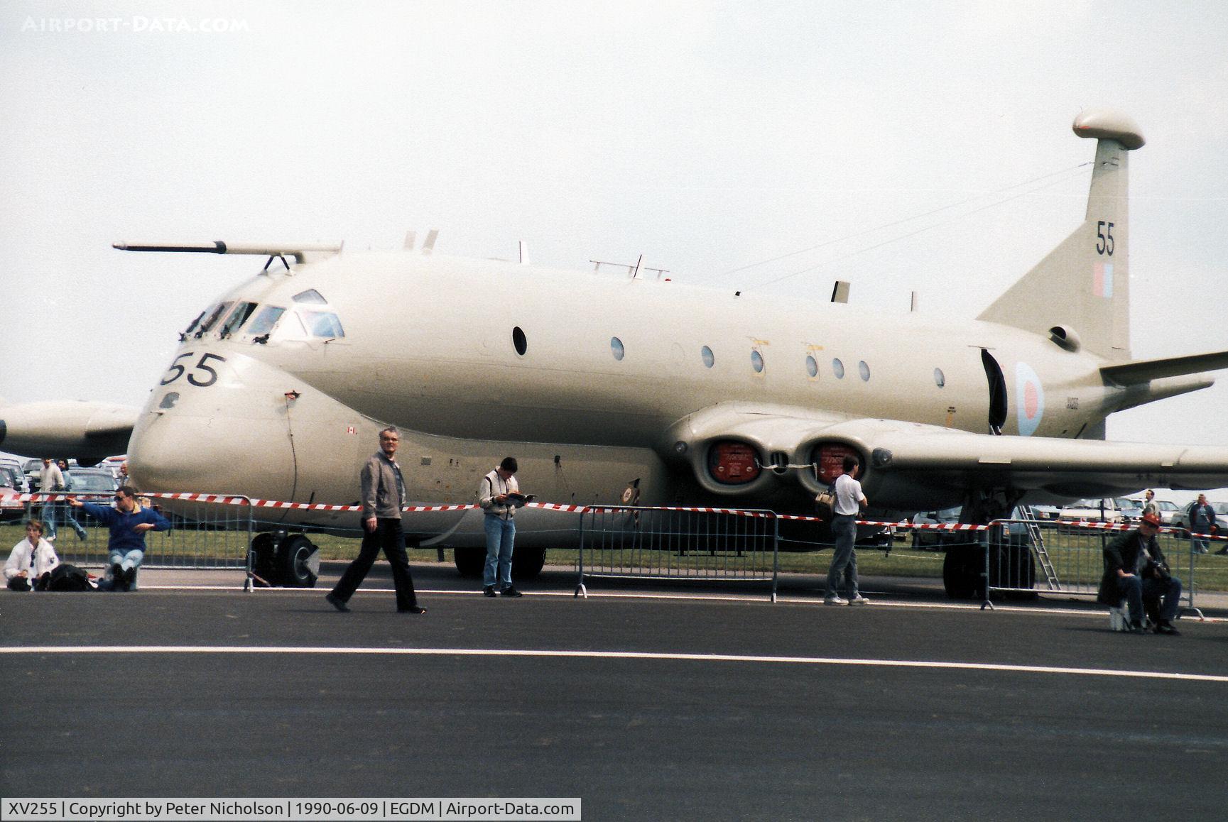 XV255, Hawker Siddeley Nimrod MR.2 C/N 8030, Nimrod MR.2, callsign Nine Delta Romeo, of the Kinloss Strike Wing on display at the 1990 Boscombe Down Battle of Britain 50th Anniversary Airshow.