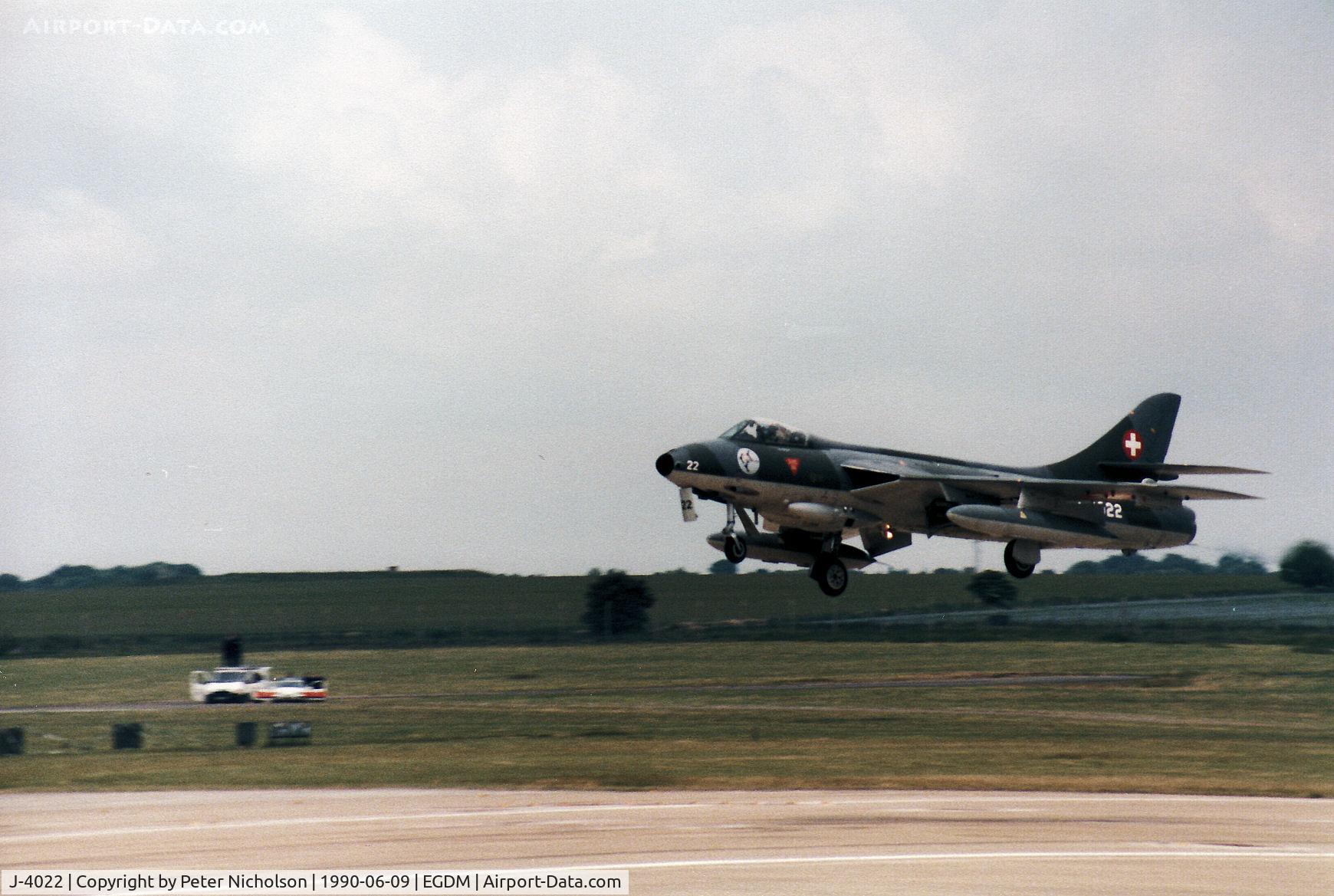 J-4022, 1955 Hawker Hunter F.58 C/N 41H-697389, Hunter F.58 of the Patrouille Suisse aerobatic team landing at the 1990 Boscombe Down Battle of Britain 50th Anniversary Airshow.