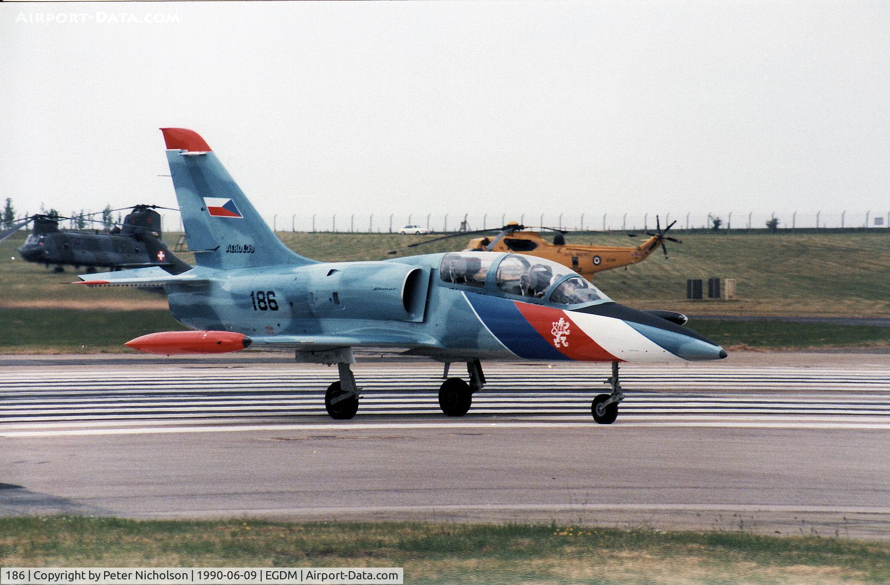 186, Aero L-39 Albatros C/N 533216, Czech Air Force L-39CT preparing to join the active runway at the 1990 Boscombe Down Battle of Britain 50th Anniversary Airshow.