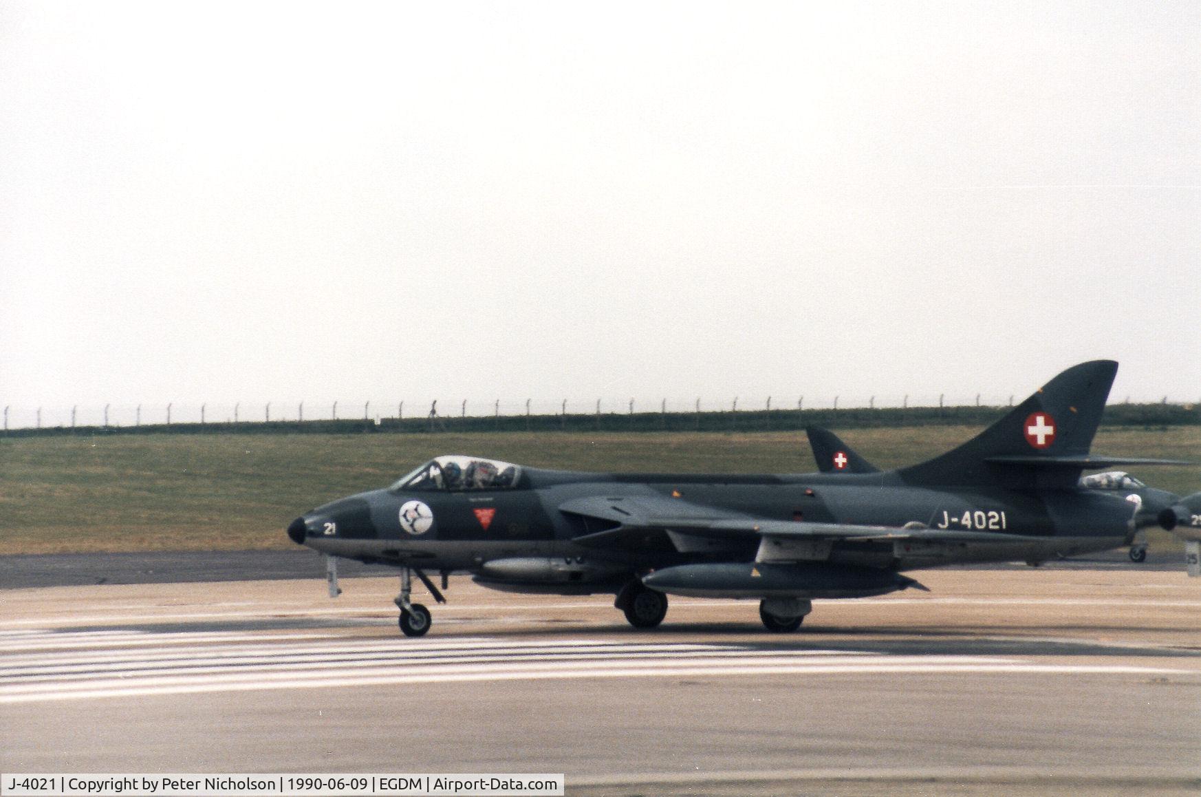 J-4021, 1959 Hawker Hunter F.58 C/N 41H-691770, Hunter F.58 of the Patrouille Suisse aerobatic team lining up for take-of at the 1990 Boscombe Down Battle of Britain 50th Anniversary Airshow.
