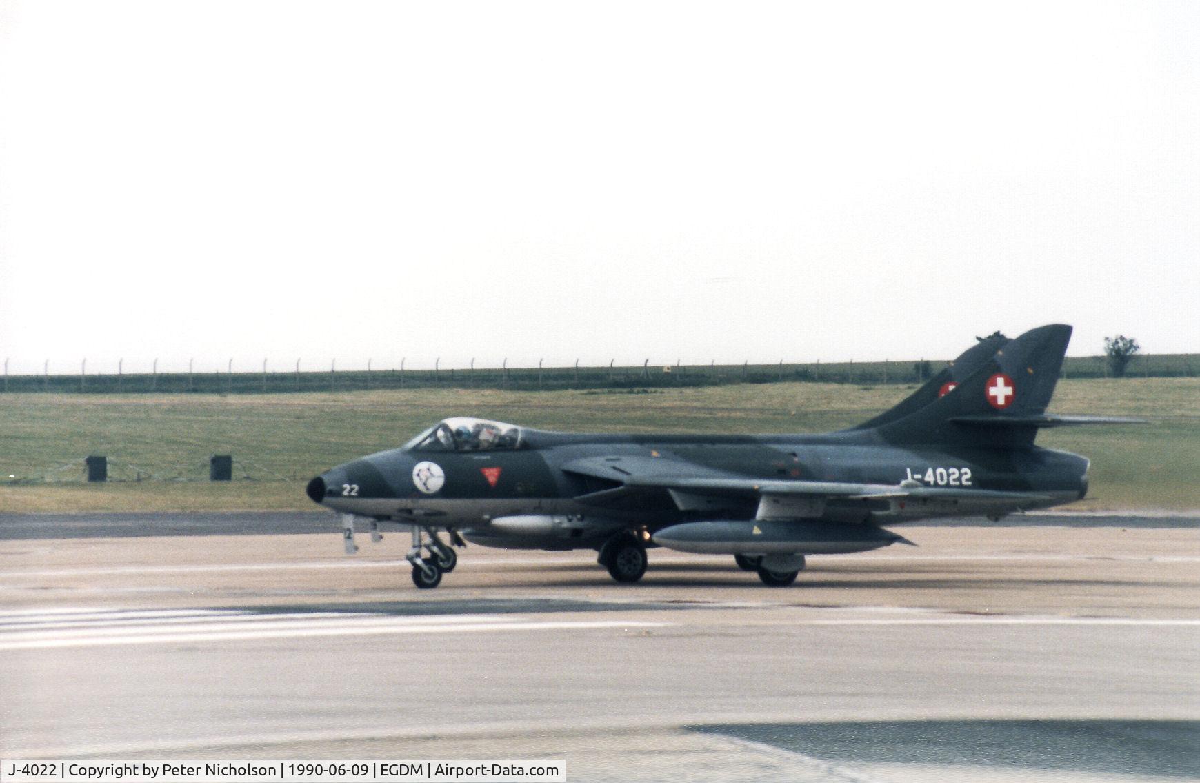 J-4022, 1955 Hawker Hunter F.58 C/N 41H-697389, Hunter F.58 of the Patrouille Suisse display team lining up for take-off at the 1990 Boscombe Down Battle of Britain 50th Anniversary Airshow.