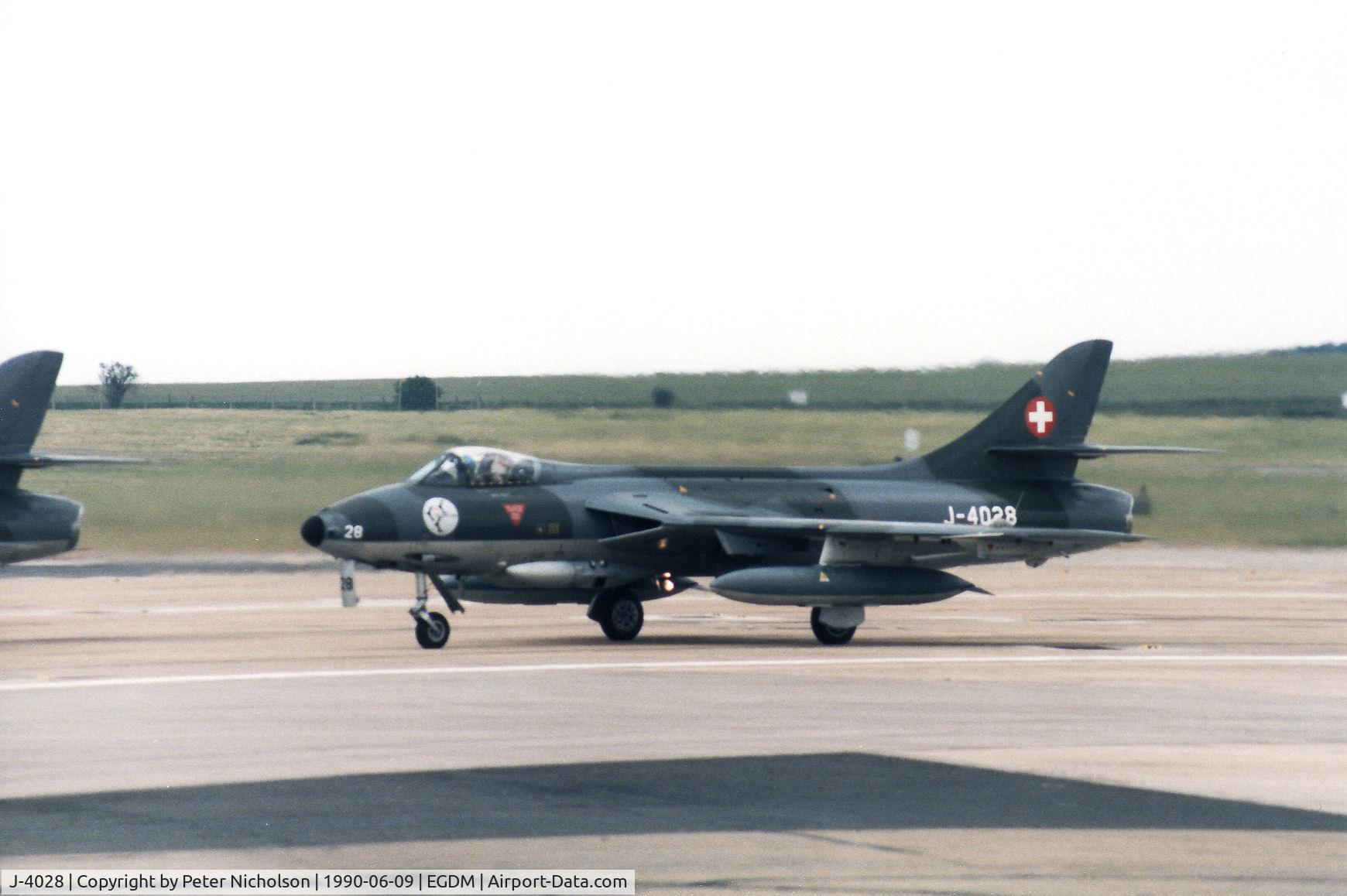 J-4028, Hawker Hunter F.58 C/N 41H-697395, Hunter F.58 of the Patrouille Suisse aerobatic team preparing for take-off at the 1990 Boscombe Down Battle of Britain 50th Anniversary Airshow.