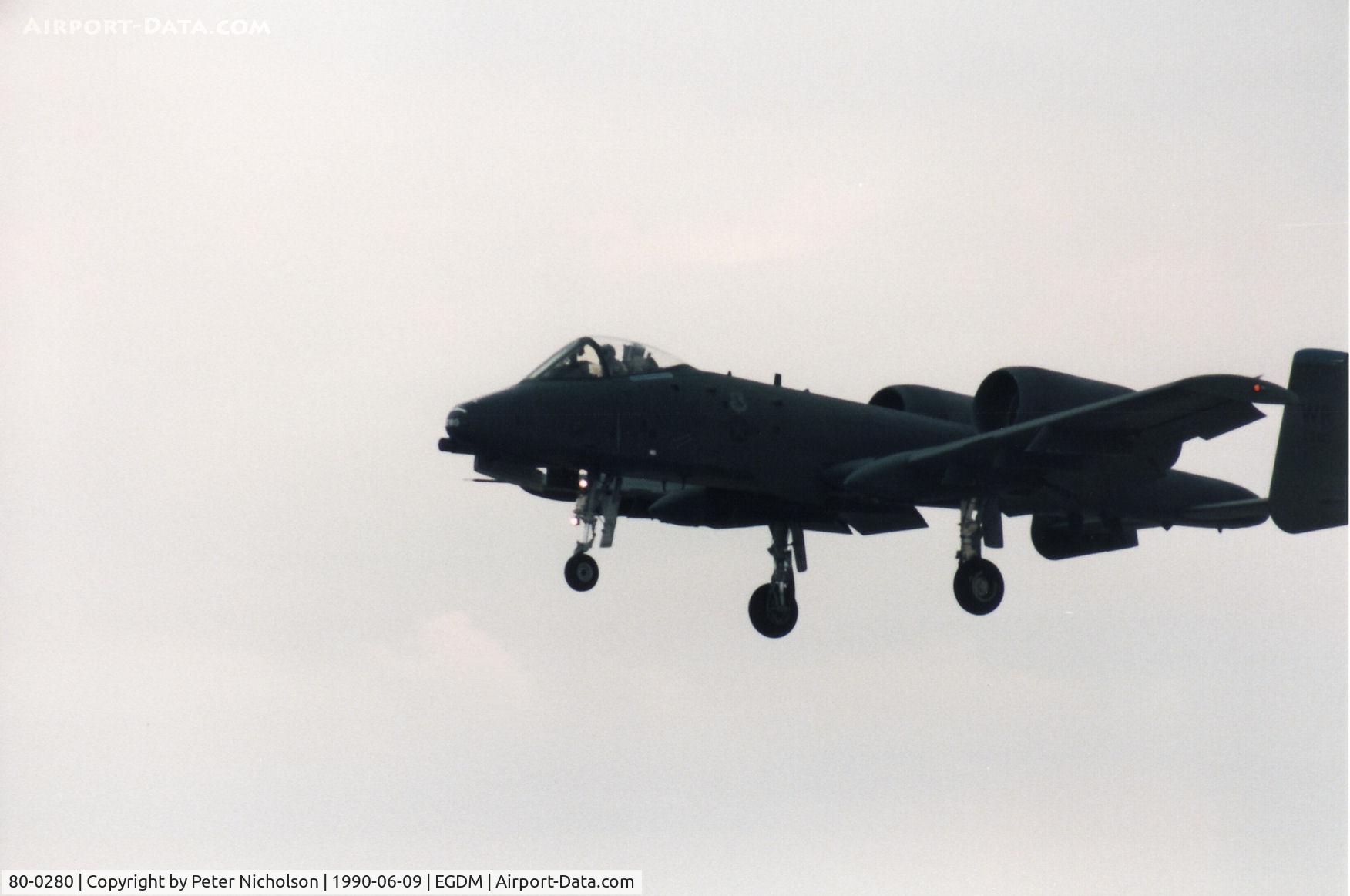 80-0280, 1980 Fairchild Republic A-10A Thunderbolt II C/N A10-0630, A-10A Thunderbolt, callsign Bison 34, of 91st Tactical Fighter Squadron/81st Tactical Fighter Wing landing at the 1990 Boscombe Down Battle of Britain 50th Anniversary Airshow.