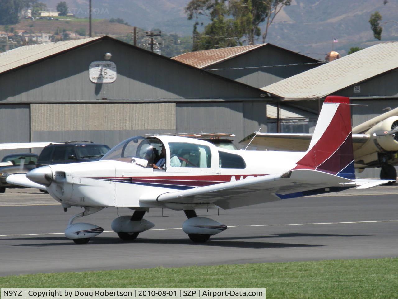 N9YZ, 1975 Grumman American AA-5A Cheetah C/N AA5-0822, 1975 Grumman American AA-5 CHEETAH, Lycoming O-320 150 Hp, Pilot/plane come from CMA each First Sunday to give Young Eagles Flight rides, landing roll Rwy 22 