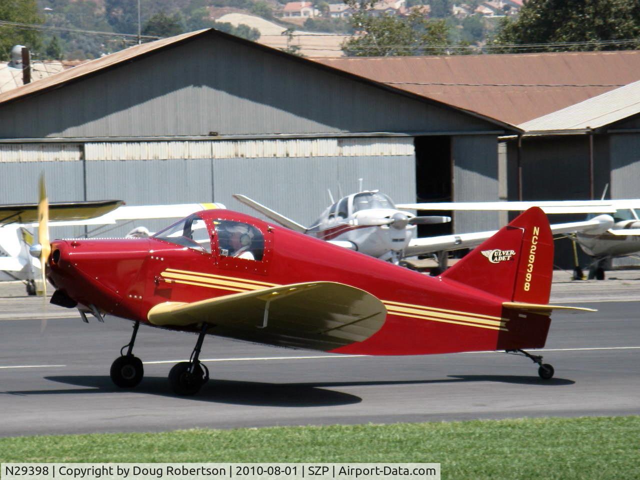 N29398, 1940 Culver LCA C/N 191, 1940 Culver LCA CADET, Continental A&C75 75 Hp, Al Mooney design advanced for its time-wing slots give better aileron control at high angles of attack, retractable gear, landing roll Rwy 22