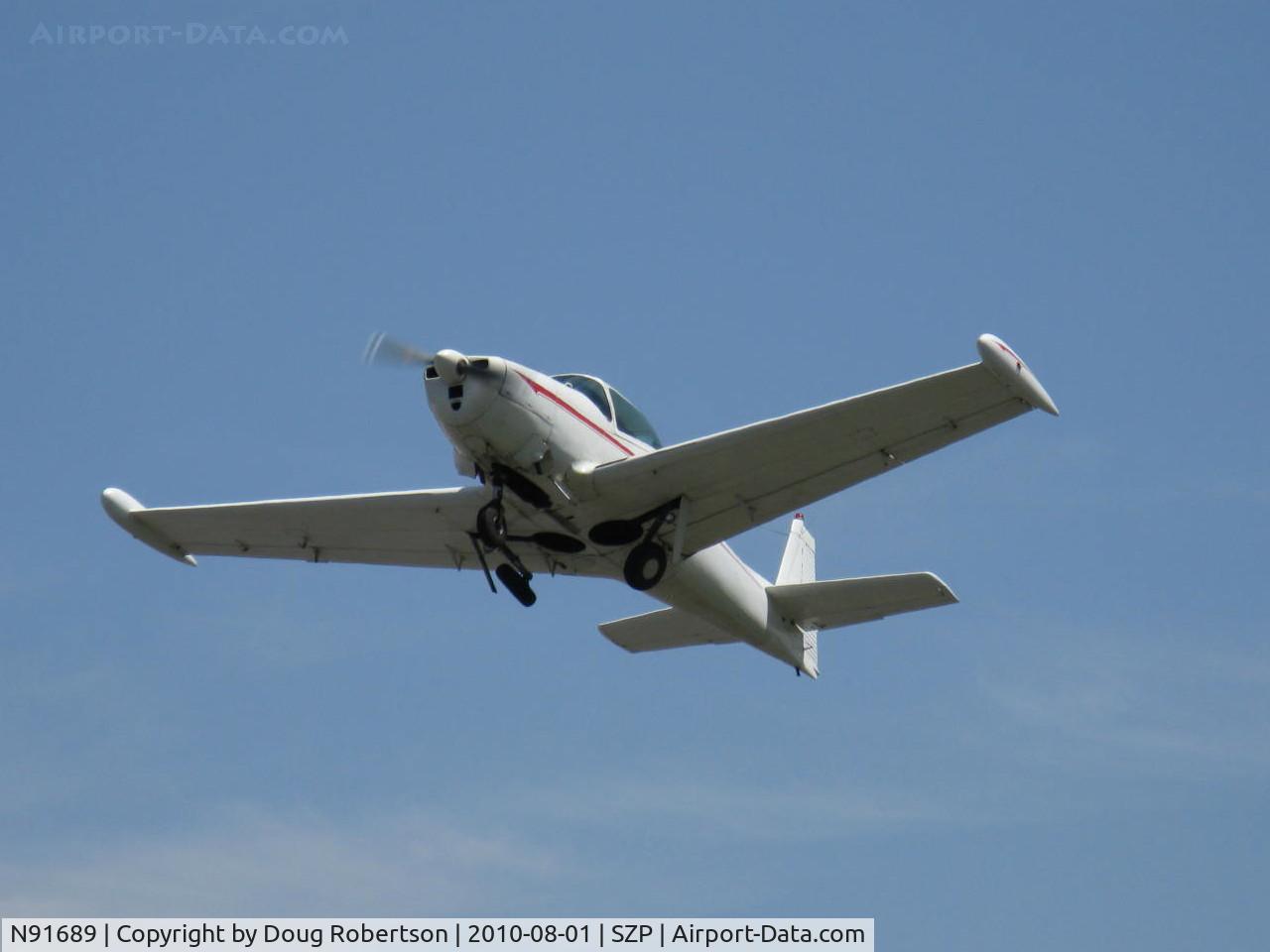 N91689, 1946 North American Navion (NA-145) C/N NAV-4-431, 1946 North American NAVION, Continental E-225 upgrade. Pilot/plane come from WHP each First Sunday to give Young Eagles Flight rides, takeoff climb Rwy 22, gear in transit. Young Eagles aboard.