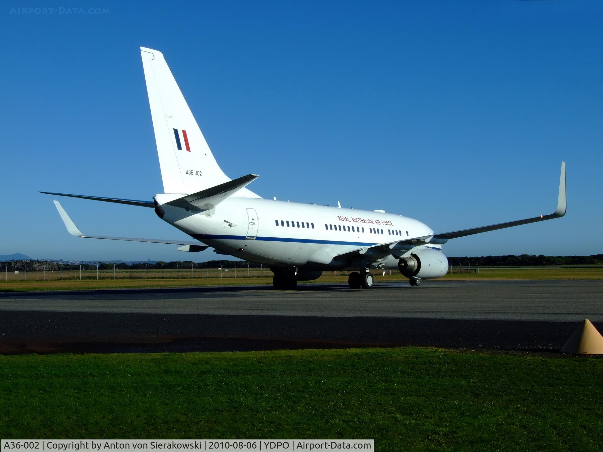 A36-002, 2000 Boeing 737-7DF C/N 30790/613, A36-002 @ YDPO B737-7DF BBJ Ready for departure to Lonny (YMLT) (cn 30790/613) This aircraft belongs to 34 Squadron based in Canberra which operate two BBJ's and three Challenger 604's as part of the Prime Ministers daily transport fleet.
