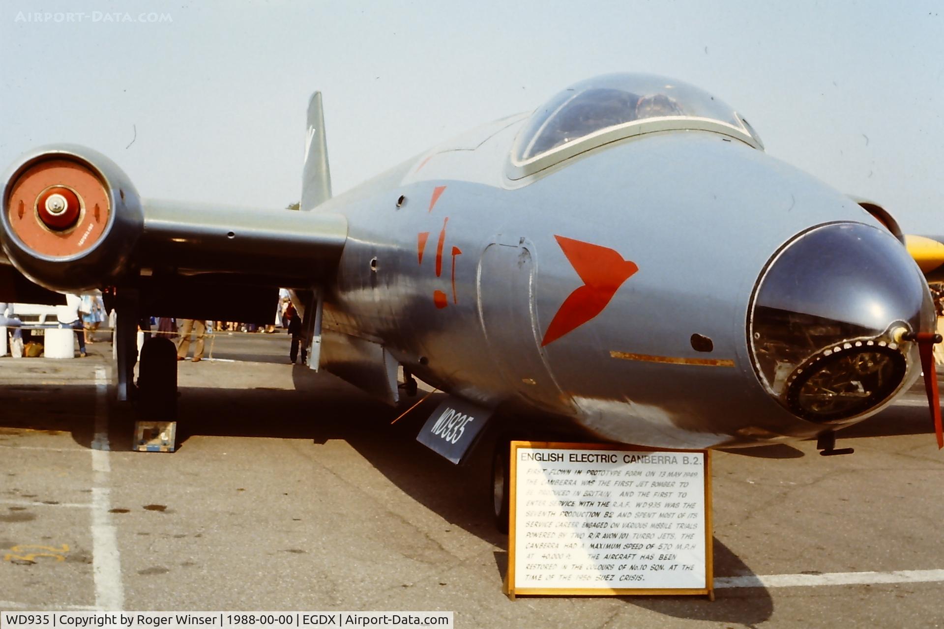 WD935, 1951 English Electric Canberra B.2 C/N EEP71015, In 10 Squadron RAF markings of 1956. Part of the RAF St Athan Historic Aircraft Collection. Date (1988) and location to be confirmed.