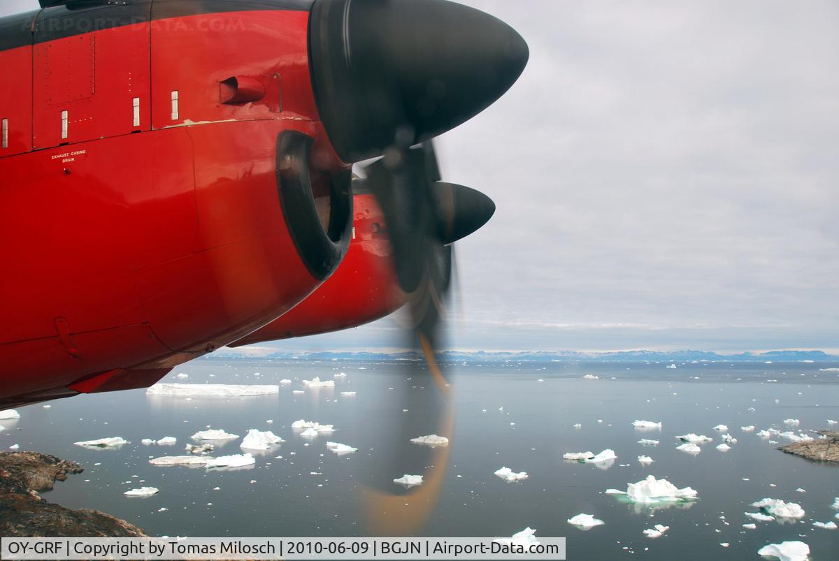 OY-GRF, 1988 De Havilland Canada DHC-7-102 Dash 7 C/N 113, Shortly after the start in Ilulissat