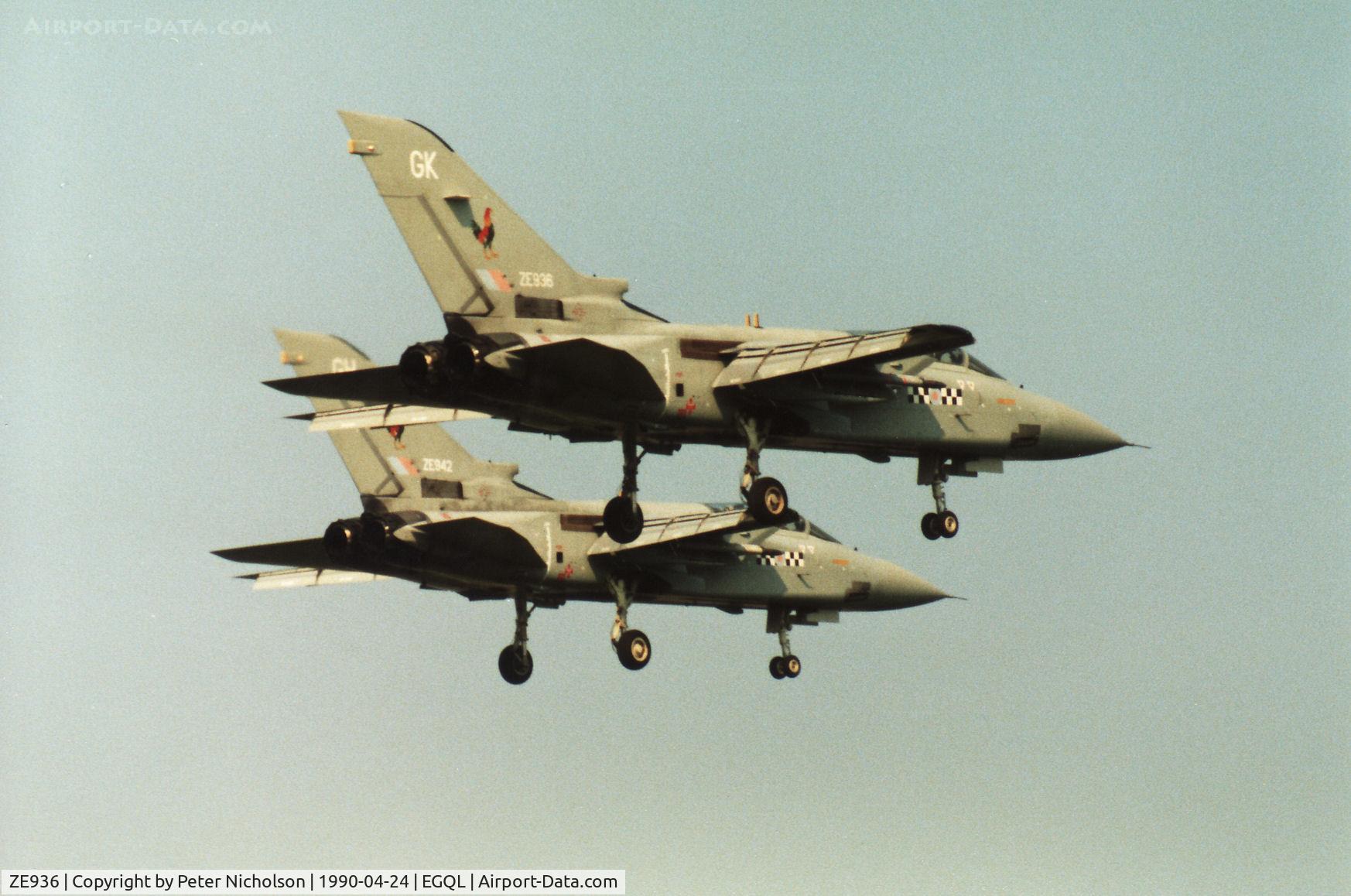 ZE936, 1989 Panavia Tornado F.3 C/N AS106/781/3364, Tornado F.3 of 43 Squadron with Tornado F.3 ZE 942 on final approach to RAF Leuchars in April 1990.