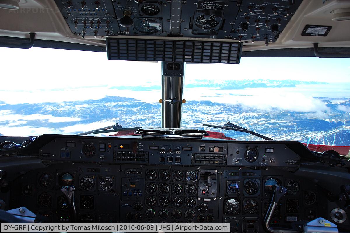 OY-GRF, 1988 De Havilland Canada DHC-7-102 Dash 7 C/N 113, Approaching Sisimiut. Thanks to the crew for making this picture possible!