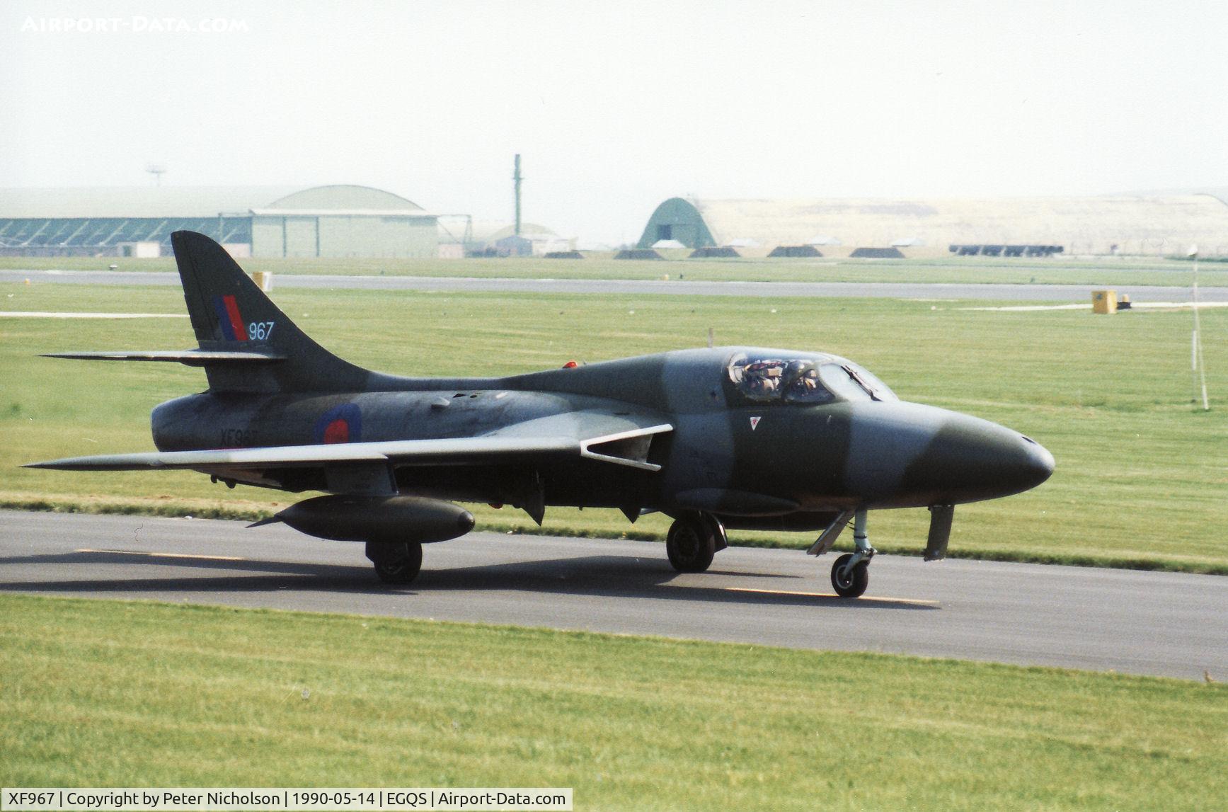 XF967, 1956 Hawker Hunter T.8B C/N HABL-003122, Hunter T.8B of 237 Operational Conversion Unit taxying to the active runway at RAF Lossiemouth in May 1990.