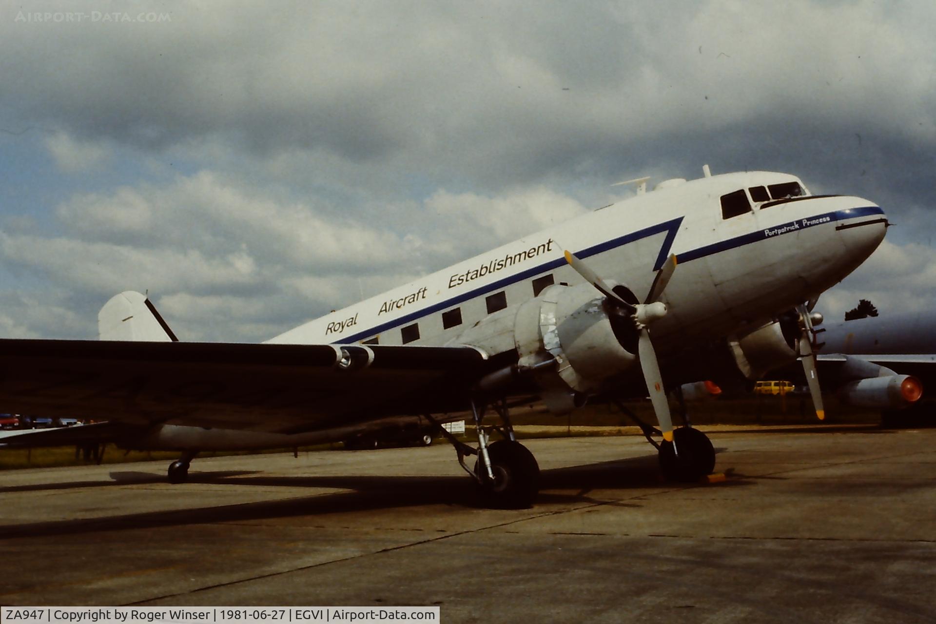 ZA947, 1943 Douglas C-47A-60-DL Dakota III C/N 10200, Douglas Dakota operated by the MOD (Royal Aircraft Establishment) and marked Portpatrick Princess. Photographed at the IAT at RAF Greenham Common in 1981. Previously carried the incorrect tail number KG661 in the 1970's. Now operated by the BBMF.