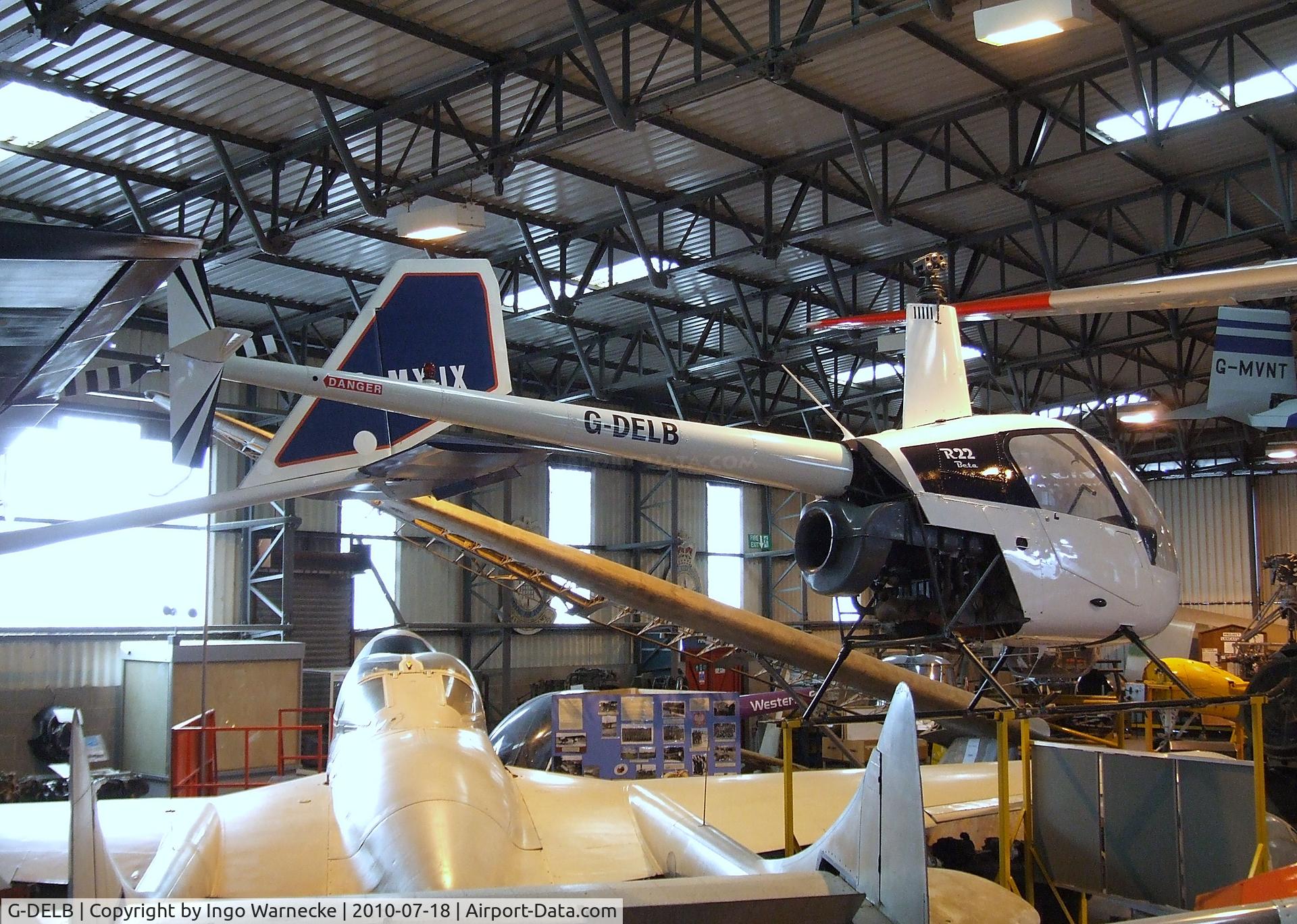 G-DELB, 1988 Robinson R22 Beta C/N 0799, Robinson R22 Beta (minus rotorblades) at the AeroVenture, Doncaster