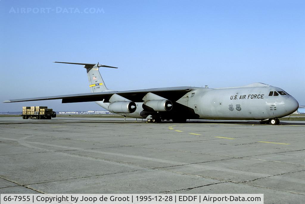 66-7955, 1966 Lockheed C-141B Starlifter C/N 300-6247, Although closed several years earlier Frankfurt was reopened as an active base during the build up of American forces in the Balkans. The Starlifter was one of the aircraft types that returned to this former main USAF transport station in Europe.