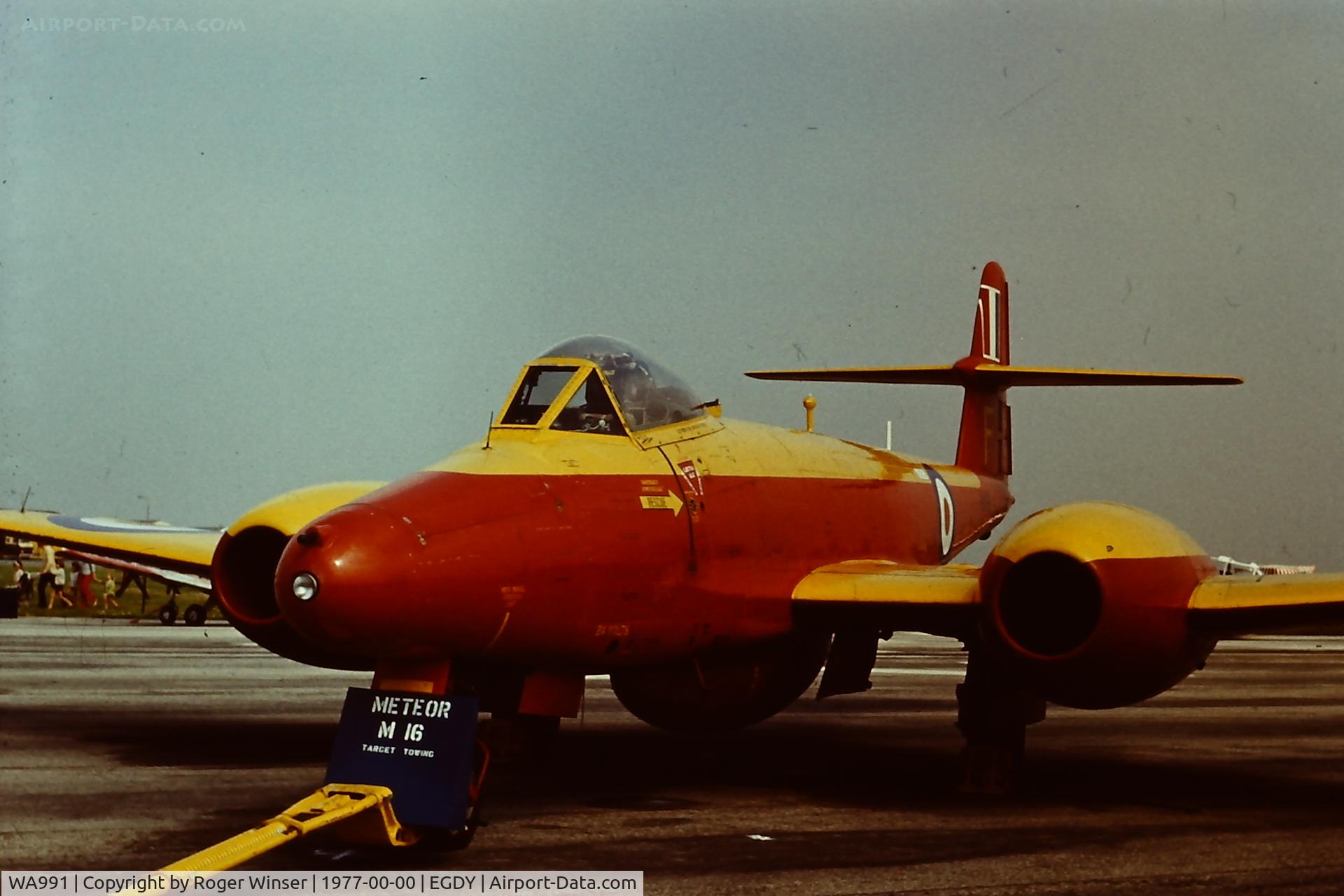 WA991, Gloster Meteor U.16 C/N Not found WA991, Converted from a Meteor F.8 and used for pilotless sorties as a target from RAE Llanbedr, Wales. Seen at RNAS Yeovilton ? in the 1970's?. Coded F.
