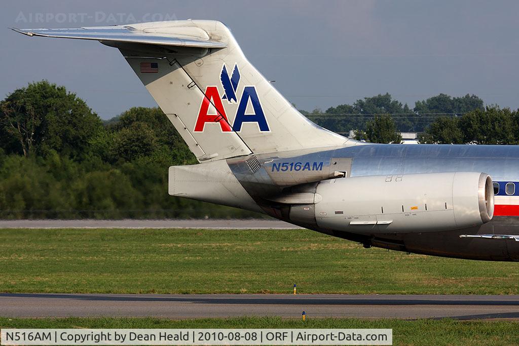 N516AM, 1990 McDonnell Douglas MD-82 (DC-9-82) C/N 49893, Tail shot of American Airlines N516AM (FLT AAL682) from Dallas/Fort Worth Int'l (KDFW) taxiing to the gate. You can see that the engine is canted upward and that there is a vortex generator on it.