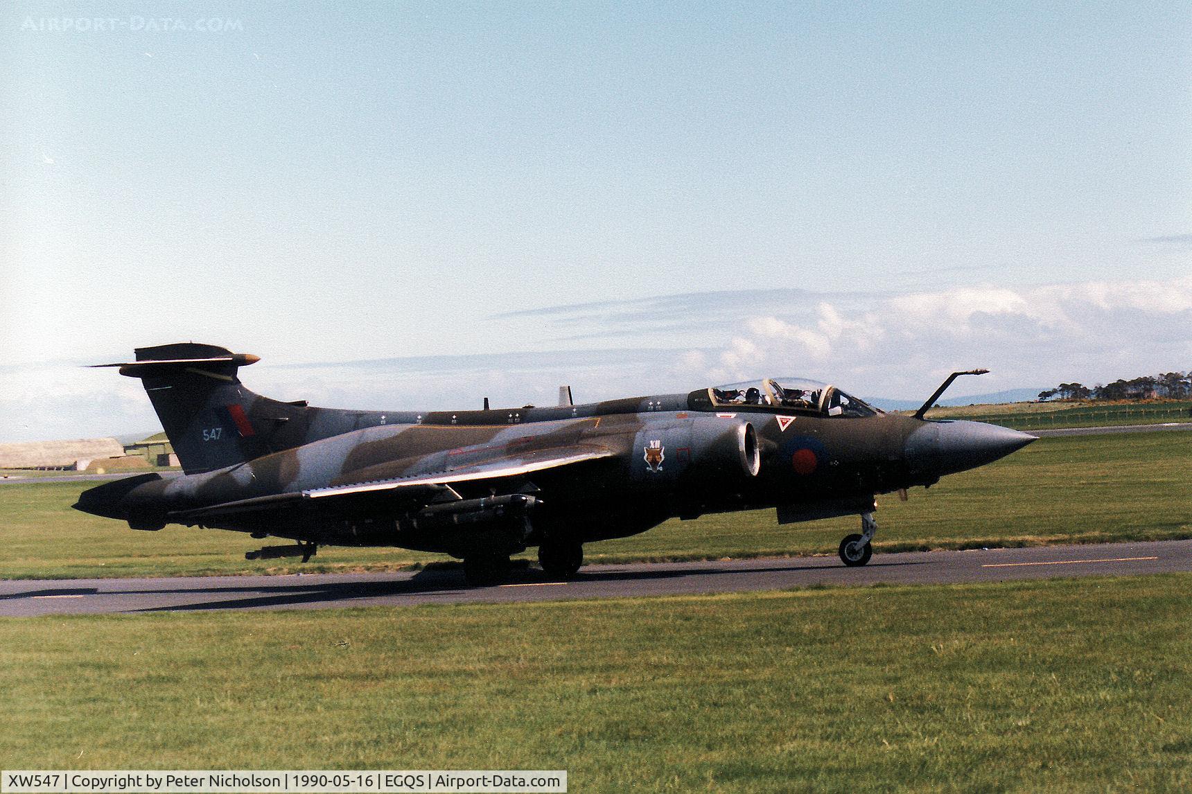 XW547, 1972 Hawker Siddeley Buccaneer S.2B C/N B3-08-71, Buccaneer S.2B of 12 Squadron taxying to the active runway at RAF Lossiemouth in May 1990.