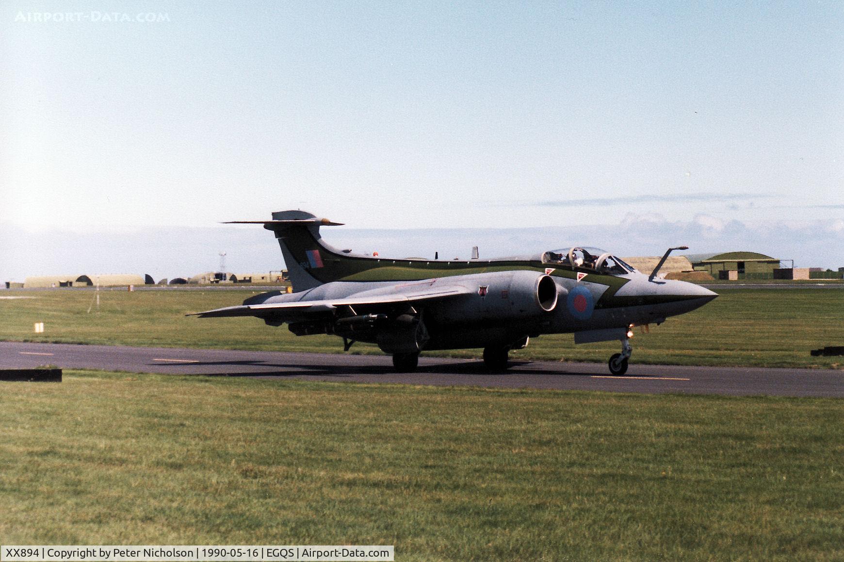 XX894, 1975 Hawker Siddeley Buccaneer S.2B C/N B3-03-74, Buccaneer S.2B of 12 Squadron taxying to the active runway at RAF Lossiemouth in May 1990.