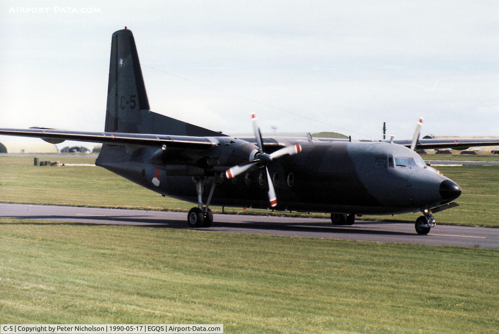 C-5, 1960 Fokker F-27-300M Troopship C/N 10155, F-27 Troopship of 334 Squadron Royal Netherlands Air Force taxying to the active runway at RAF Lossiemouth in May 1990.