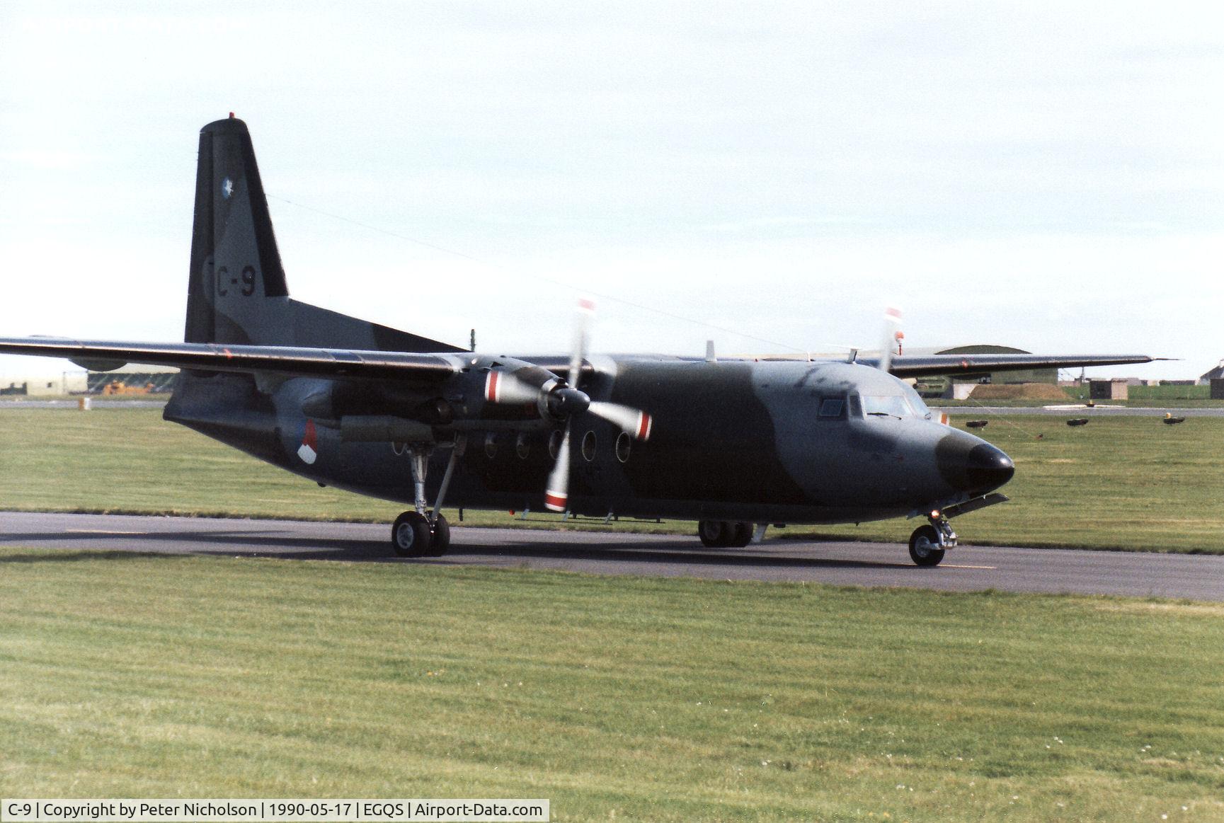 C-9, 1960 Fokker F-27-300M Troopship C/N 10159, F-27-300M Troopship of 334 Squadron Royal Netherlands Air Force taxying to the active runway at RAF Lossiemouth in May 1990.