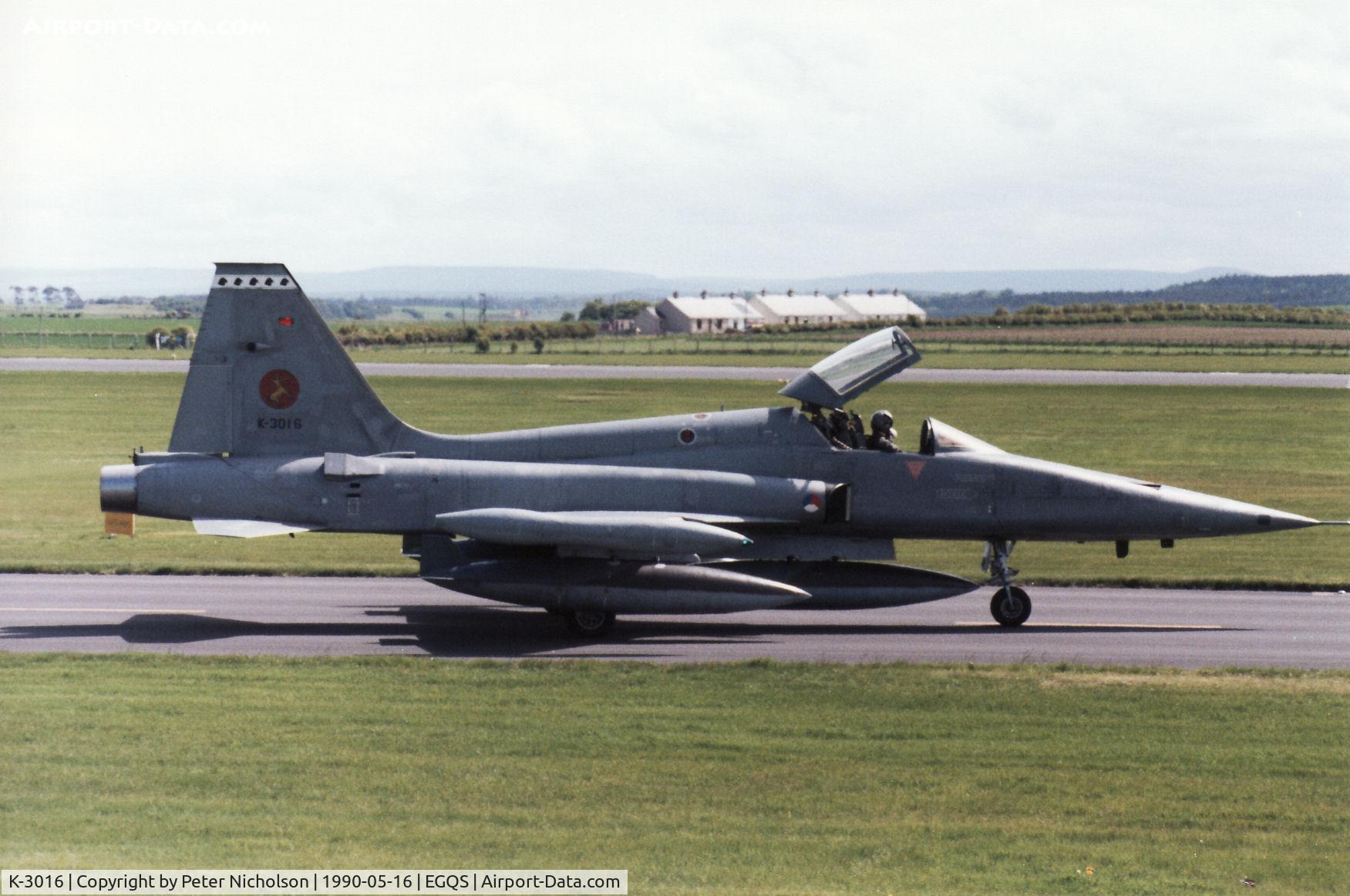 K-3016, 1970 Canadair NF-5A Freedom Fighter C/N 3016, NF-5A of 314 Squadron Royal Netherlands Air Force taxying to the active runway at RAF Lossiemouth in May 1990.