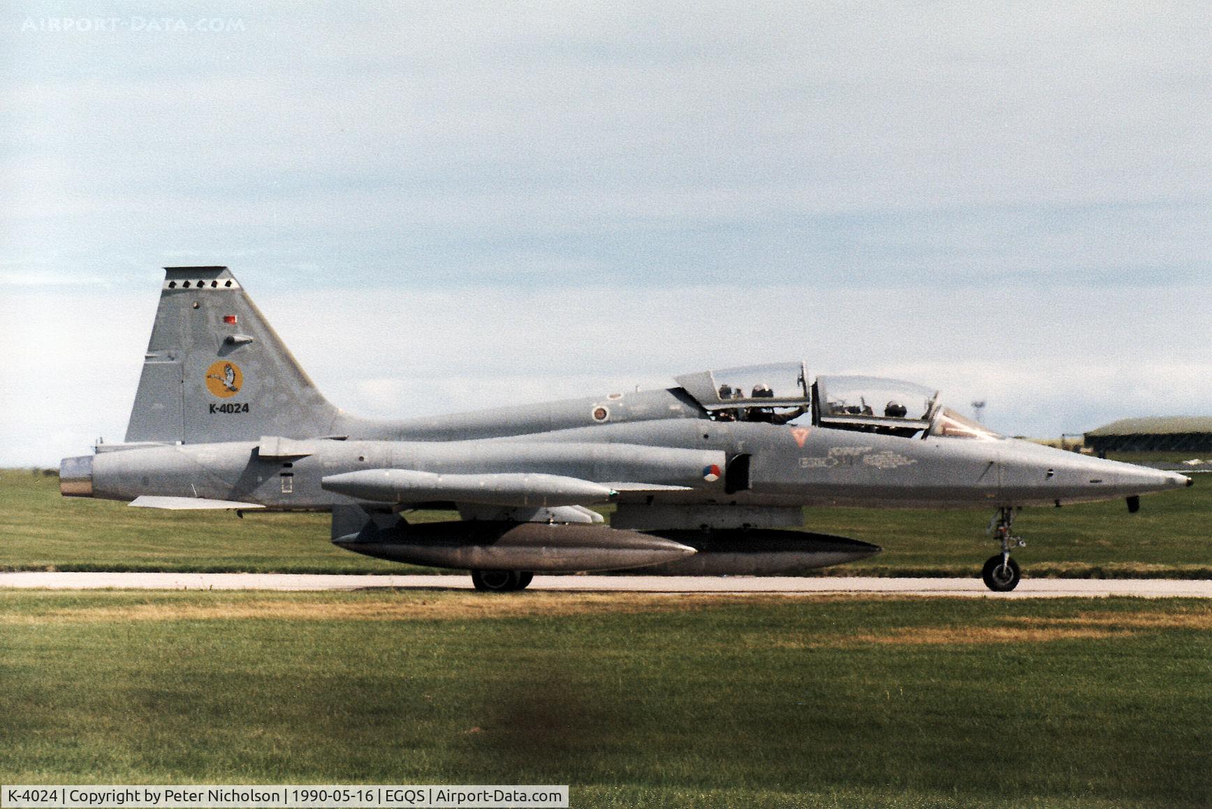 K-4024, 1971 Northrop (Canadair) NF-5B (CL-226) C/N 4024, NF-5B of 316 Squadron Royal Netherlands Air Force taxying to the active runway at RAF Lossiemouth in May 1990.