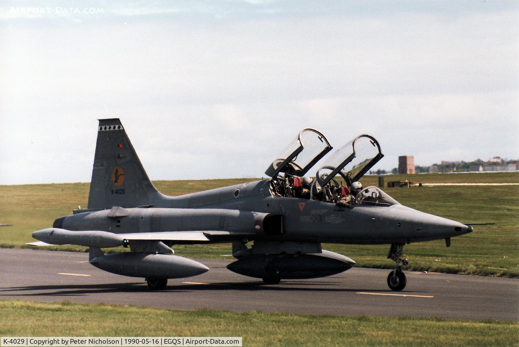 K-4029, 1971 Northrop (Canadair) NF-5B (CL-226) C/N 4029, NF-5B of 316 Squadron Royal Netherlands Air Force taxying to the active runway at RAF Lossiemouth in May 1990.