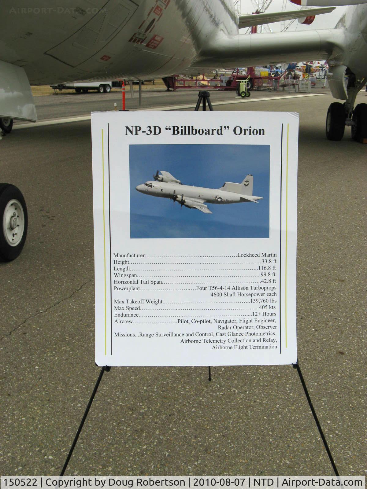 150522, Lockheed NP-3D Orion C/N 185-5048, Lockheed NP-3D 'Billboard' ORION, four Allison T56-4-14 Turboprops 4,600 shp each, data