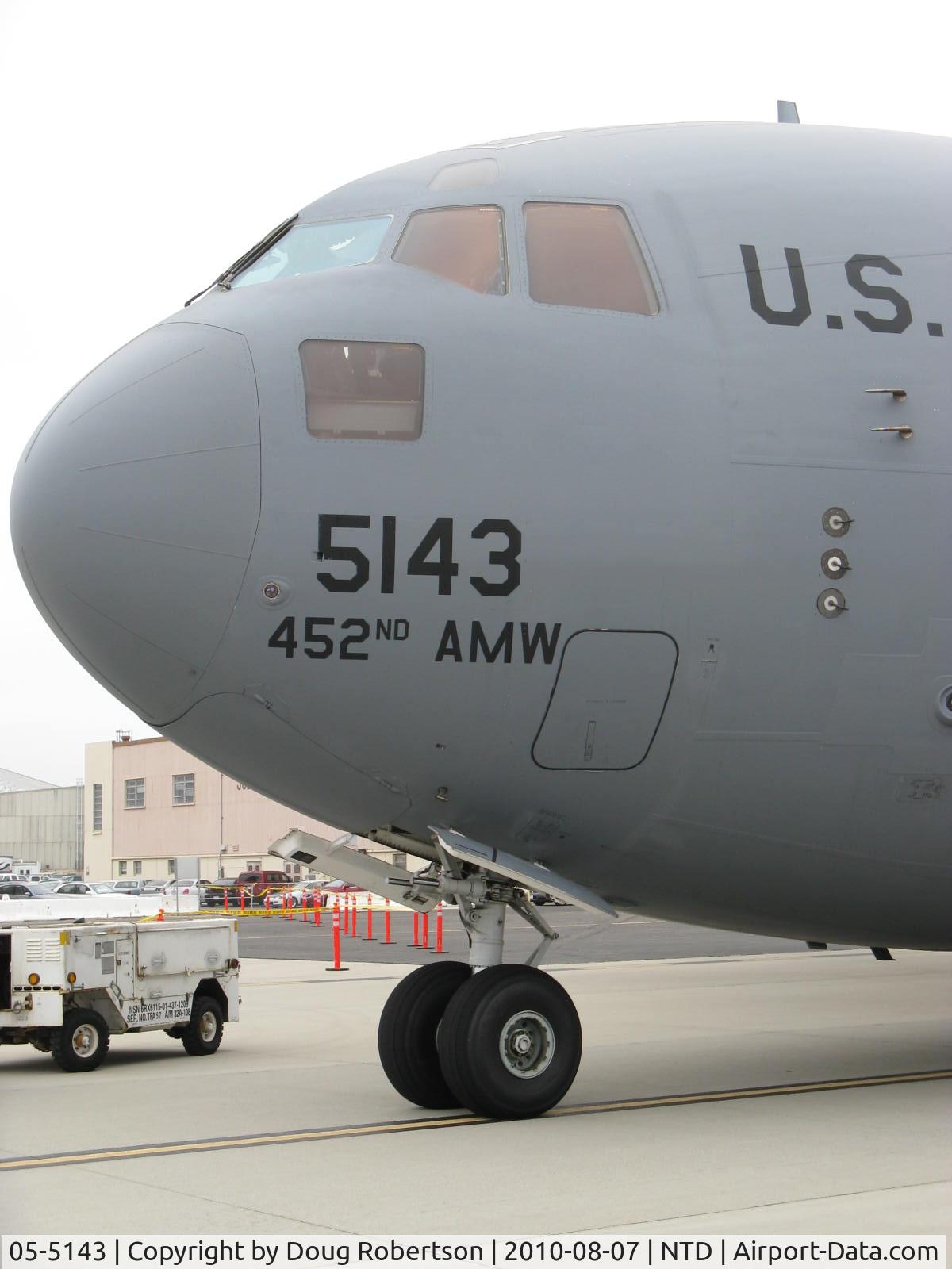 05-5143, 2005 Boeing C-17A Globemaster III C/N 50151/F150/P143, 2005 Boeing C17A GLOBEMASTER III, four P&W F-117-P-100 Turbofans 41,700 lbst each, of 452nd AMW at March ARB, California. Huge fellow with max takeoff weight 580,000 lbs.