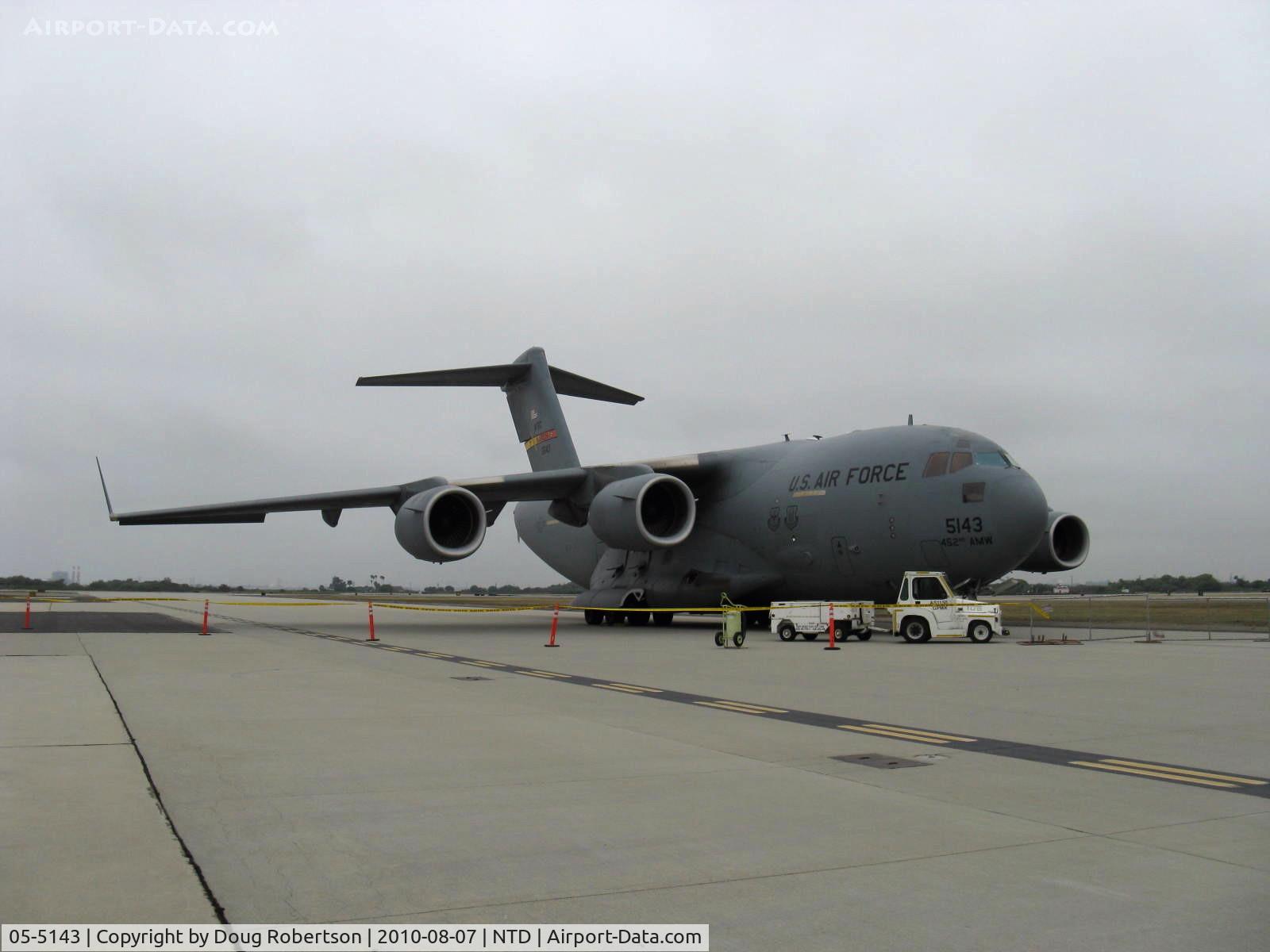 05-5143, 2005 Boeing C-17A Globemaster III C/N 50151/F150/P143, 2005 Boeing C-17A GLOBEMASTER III, four P&W F-117-P-100 Turbofans 41,700 lbst each, of 452 AMW at March ARB, California. Twice power/payload of a similar size Lockheed C-141A STARLIFTER.