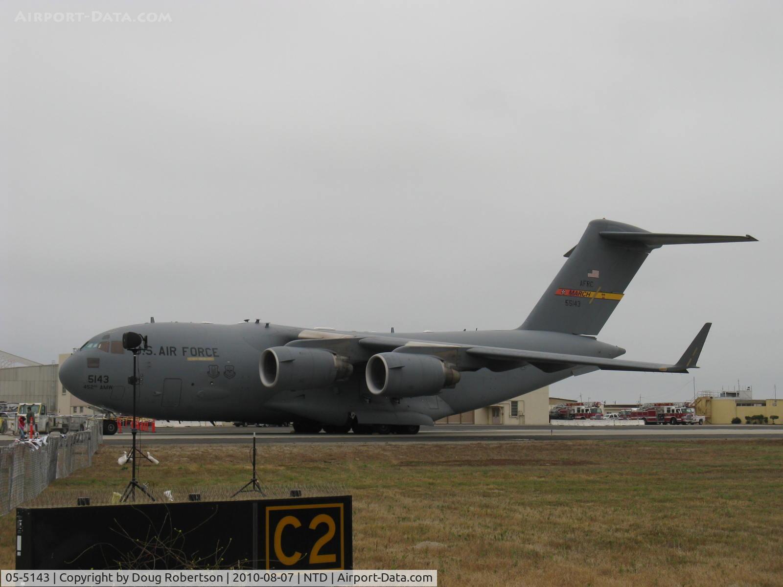 05-5143, 2005 Boeing C-17A Globemaster III C/N 50151/F150/P143, 2005 Boeing C-17A GLOBEMASTER III, four P&W F-117-P-100 Turbofans 41,700 lbst each, of 452nd AMW at March ARB, California. C-17 a design of McDonnell Douglas. Range: 3,225 mi.