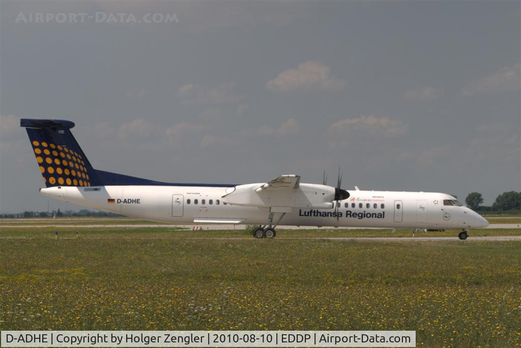 D-ADHE, 2002 De Havilland Canada DHC-8-402Q Dash 8 C/N 4066, LH 1121 to MUC is rolling by to 26R