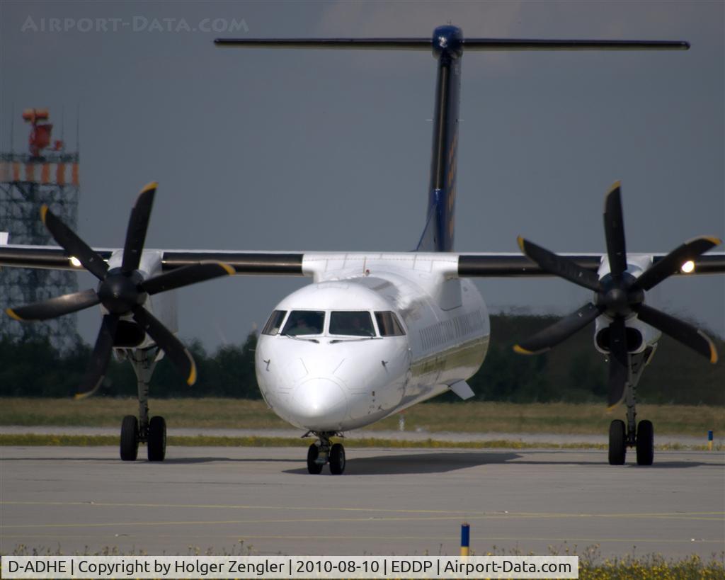 D-ADHE, 2002 De Havilland Canada DHC-8-402Q Dash 8 C/N 4066, LH1122 from MUC after landing on 08L.