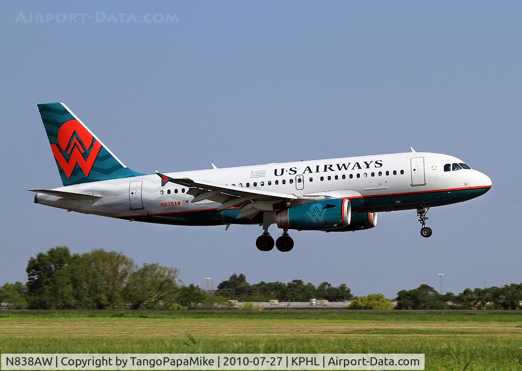 N838AW, 2005 Airbus A319-132 C/N 2615, US Airways A-319 displaying America West livery touching down on 9R at PHL