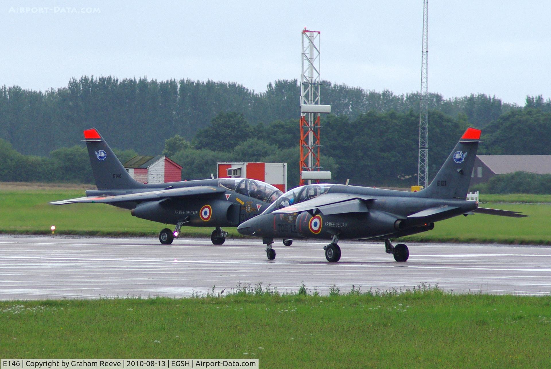 E146, Dassault-Dornier Alpha Jet E C/N E146, Dornier Alpha Jets, 314-RR and 705-LE of the French Air Force prepare to take off in formation.