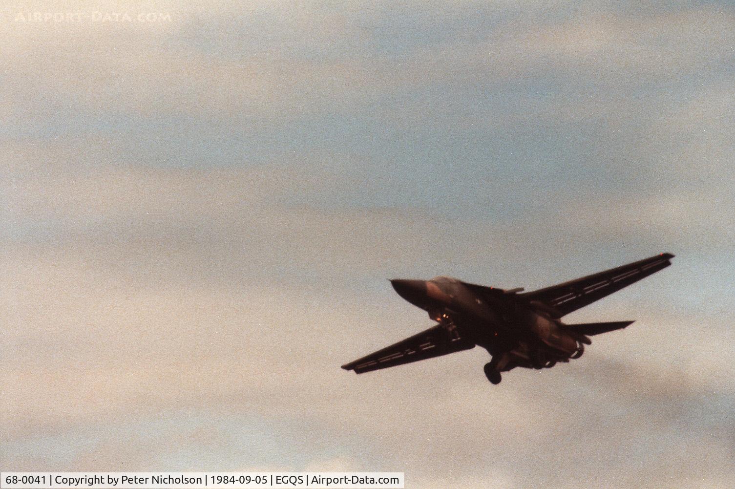 68-0041, 1968 General Dynamics F-111E Aardvark C/N A1-210, F-111E of the 20th Tactical Fighter Wing based at RAF Upper Heyford on a practice approach to RAF Lossiemouth in September 1984.