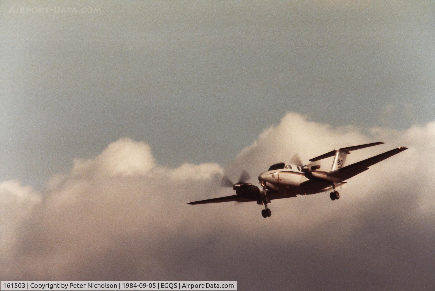 161503, Beech UC-12B Huron C/N BJ-57, UC-12B Huron, callsign Navy 61322, of the US Naval Air Facility at RAF Mildenhall on approach to RAF Lossiemouth in September 1984.