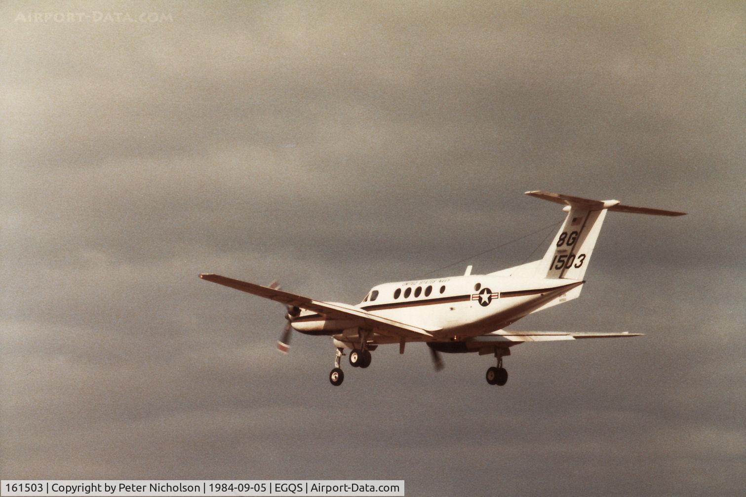 161503, Beech UC-12B Huron C/N BJ-57, RAF Mildenhall's 


The US Naval Air Facility's UC-12B Huron based at RAF Mildenhall landing at RAF Lossiemouth in September 1984.