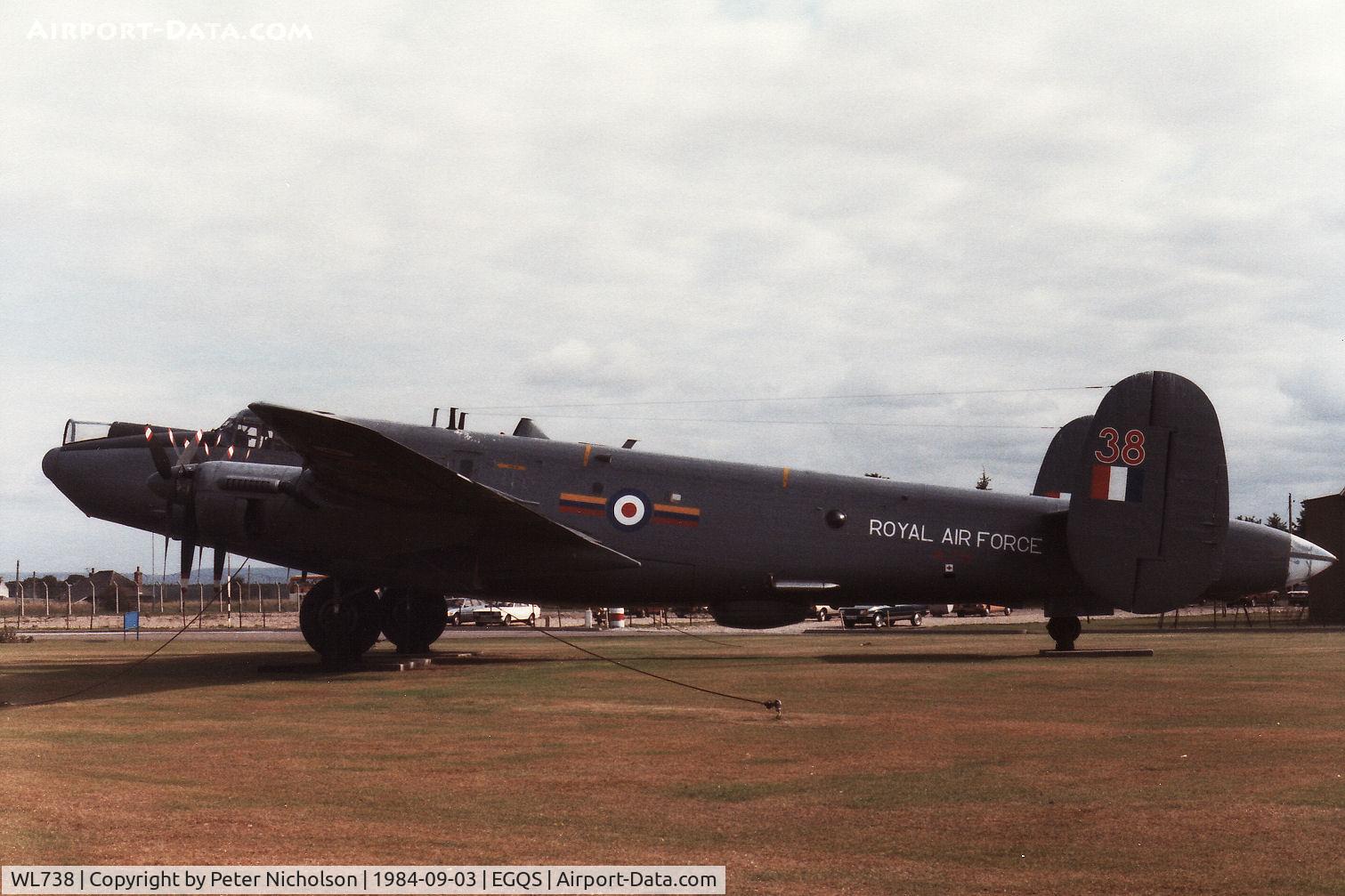 WL738, 1952 Avro 716 Shackleton MR.2C C/N Not found WL738, Another view of the Shackleton MR.2C previously flown by 8 Squadron which was a gate guardian at RAF Lossiemouth in September 1984.