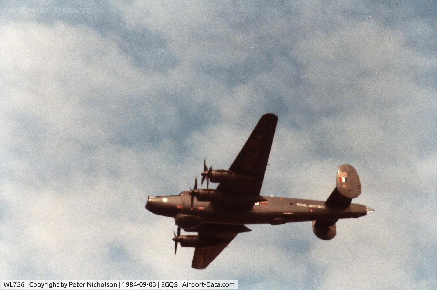 WL756, 1953 Avro 716 Shackleton AEW.2 C/N R3/696/239002, Shackleton AEW.2 of 8 Squadron over-flying RAF Lossiemouth in September 1984.