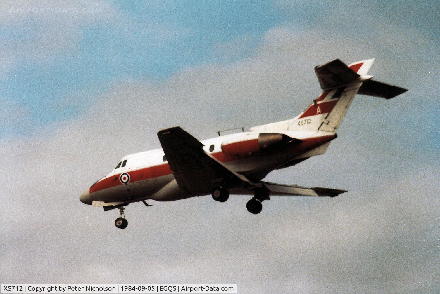 XS712, 1965 Hawker Siddeley HS.125 Dominie T.1 C/N 25040, Dominie T.1, callsign FYY 41, of RAF Finningley's 6 Flying Training School landing at RAF Lossiemouth in September 1984.