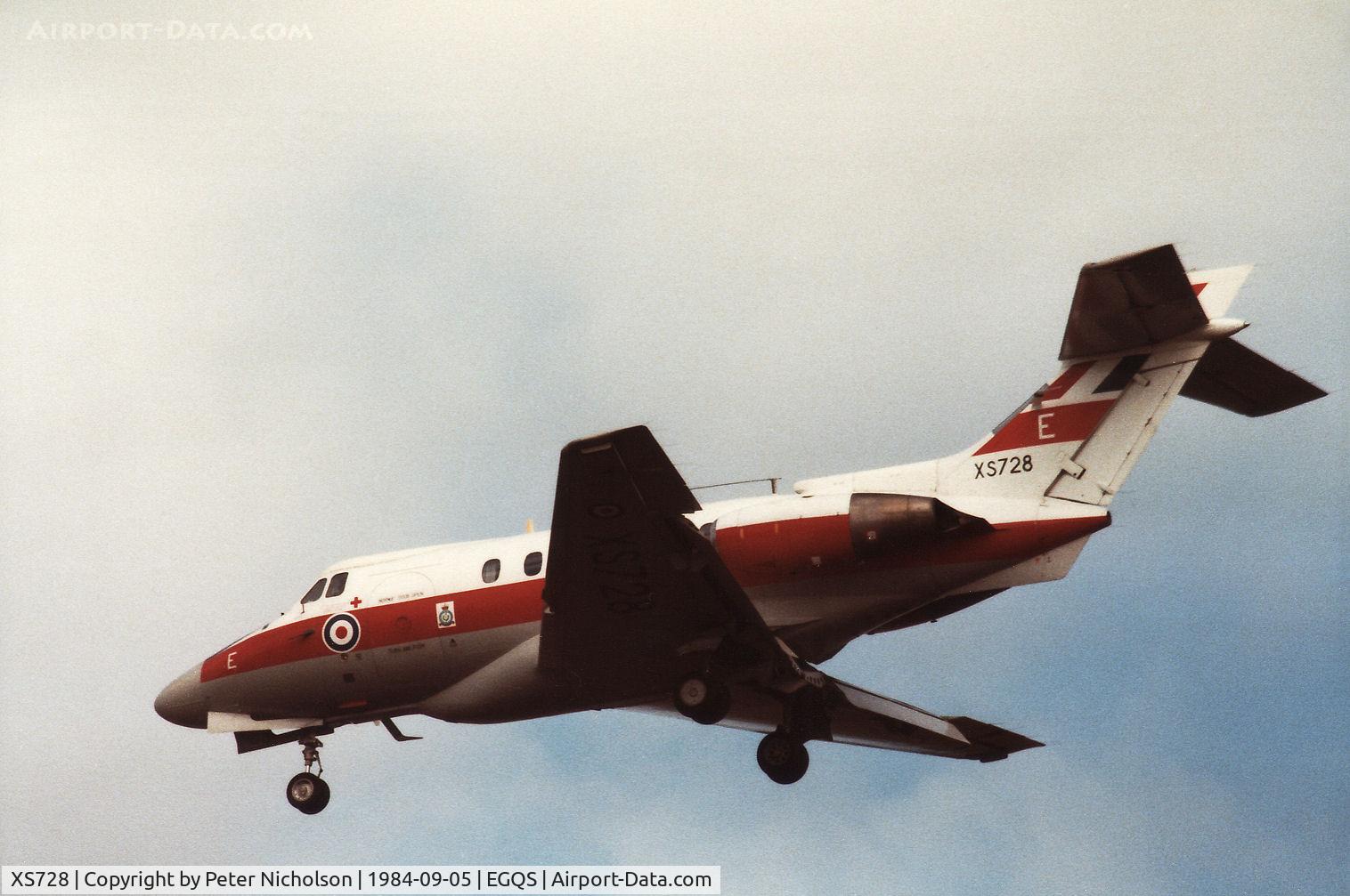 XS728, 1965 Hawker Siddeley HS.125 Dominie T.1 C/N 25048, Dominie T.1, callsign FYY 40, of 6 Flying Training School based at RAF Finningley landing at RAF Lossiemouth in September 1984.