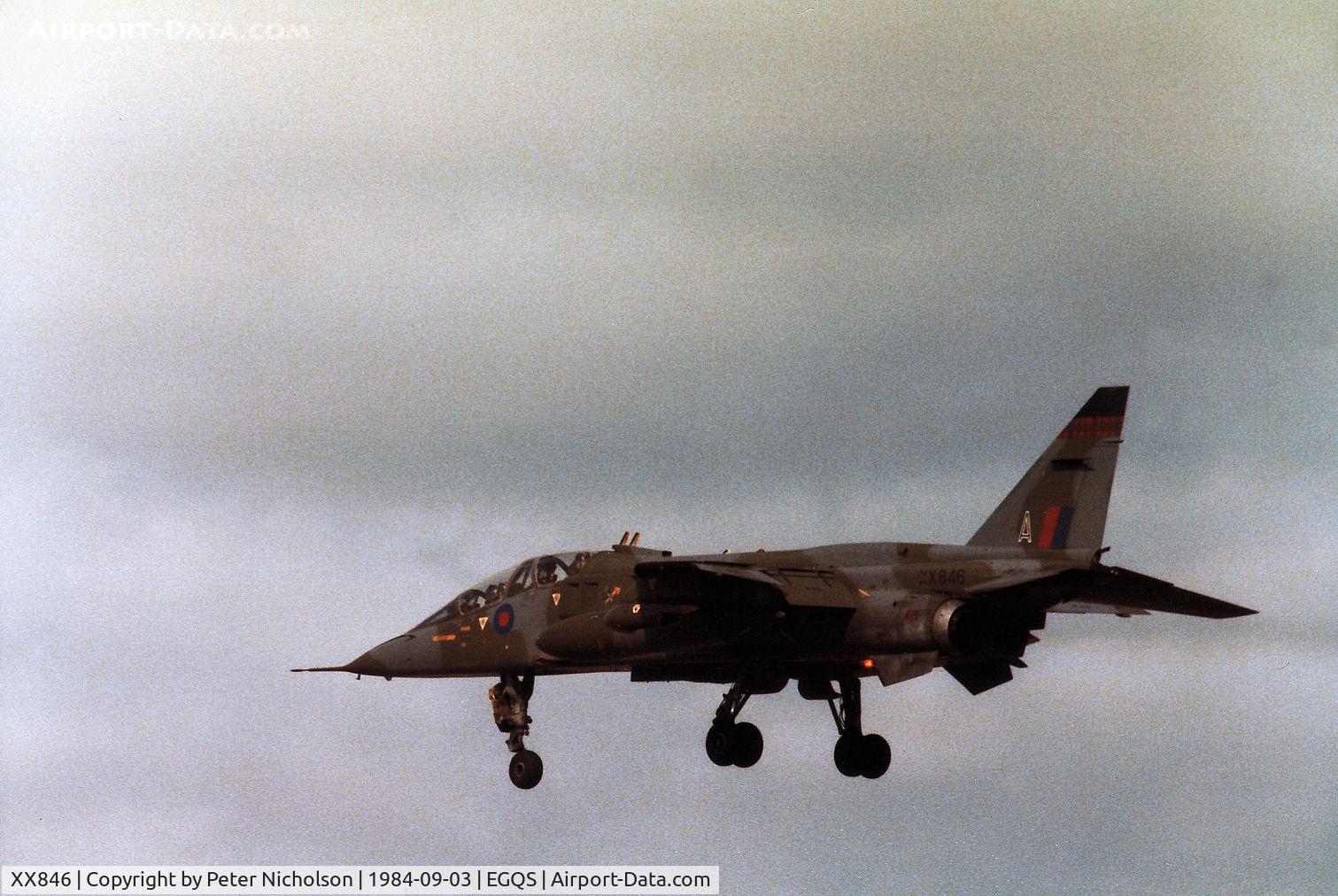 XX846, 1975 Sepecat Jaguar T.2 C/N B.34, Jaguar T.2 of 226 Operational Conversion Unit landing at RAF Lossiemouth in September 1984.