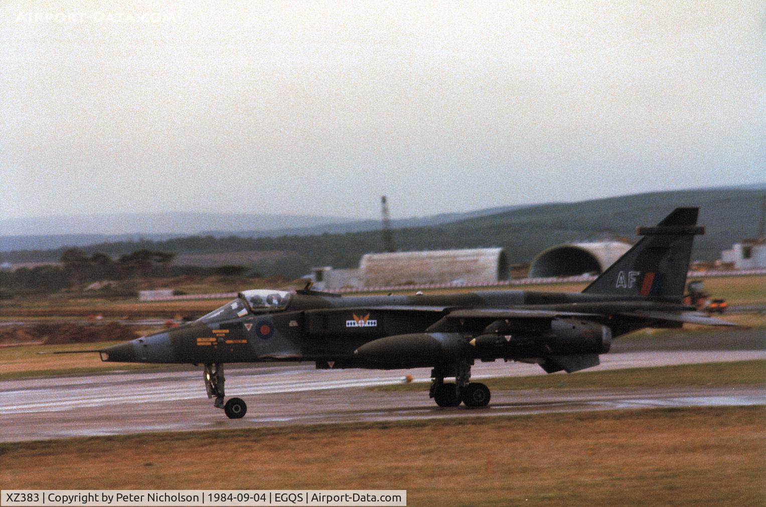 XZ383, 1977 Sepecat Jaguar GR.1 C/N S.148, Jaguar GR.1 of 14 Squadron joining the active runway at RAF Lossiemouth in September 1984.