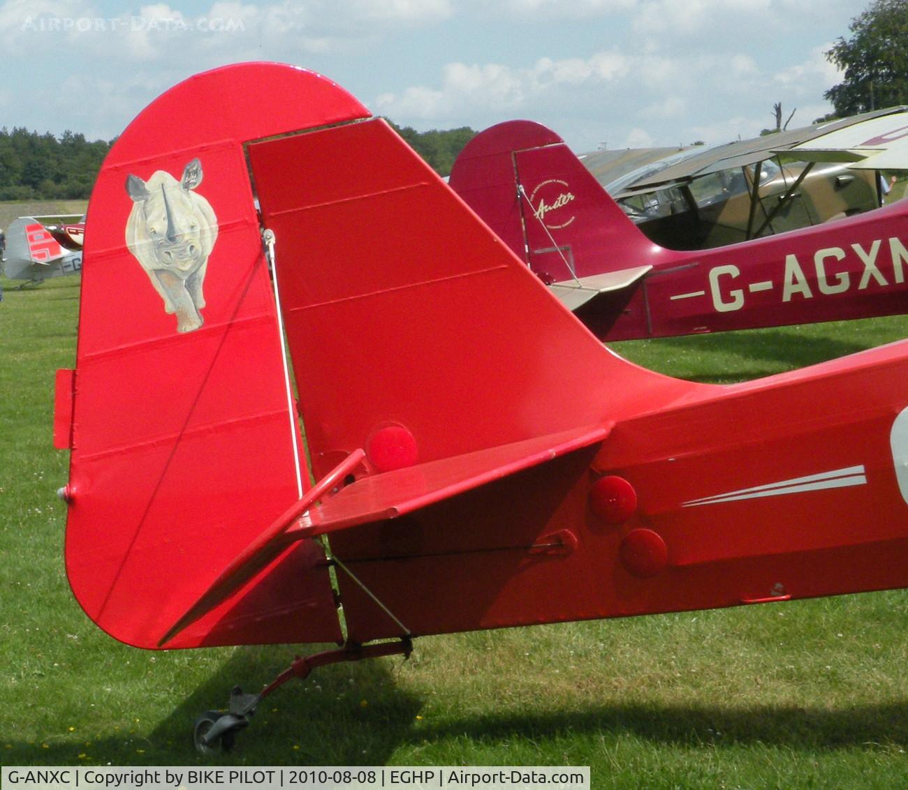 G-ANXC, 1953 Auster J-5R Alpine C/N 3135, RHINO ON THE TAIL OF X-RAY NOVEMBER, THE OTHER SIDE HAS AN ELEPHANT. POPHAM AUSTER FLY-IN 2010-08-08.